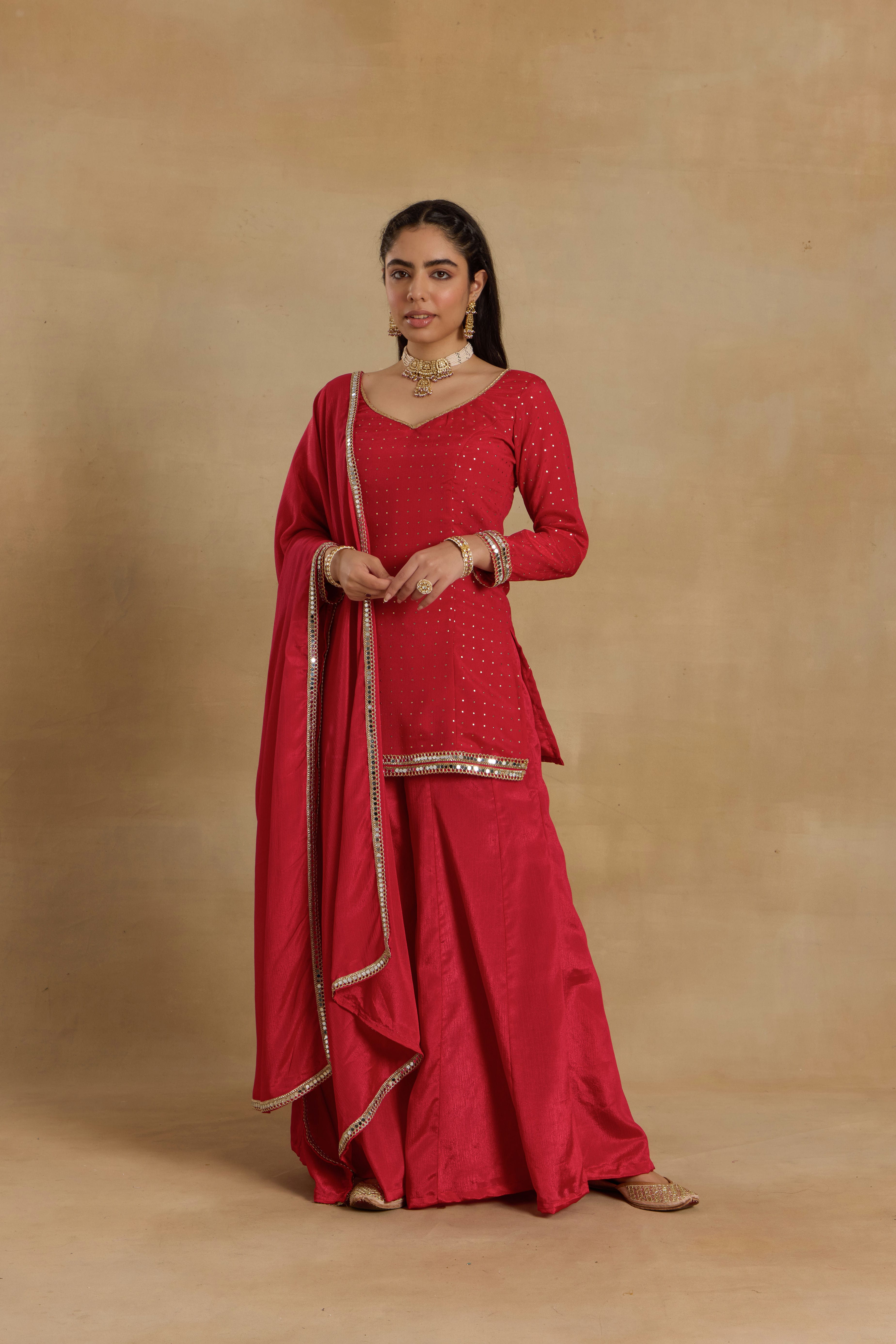 Alaya Heer Red Desi Diva Cami-sharara Set with Choker Dupatta