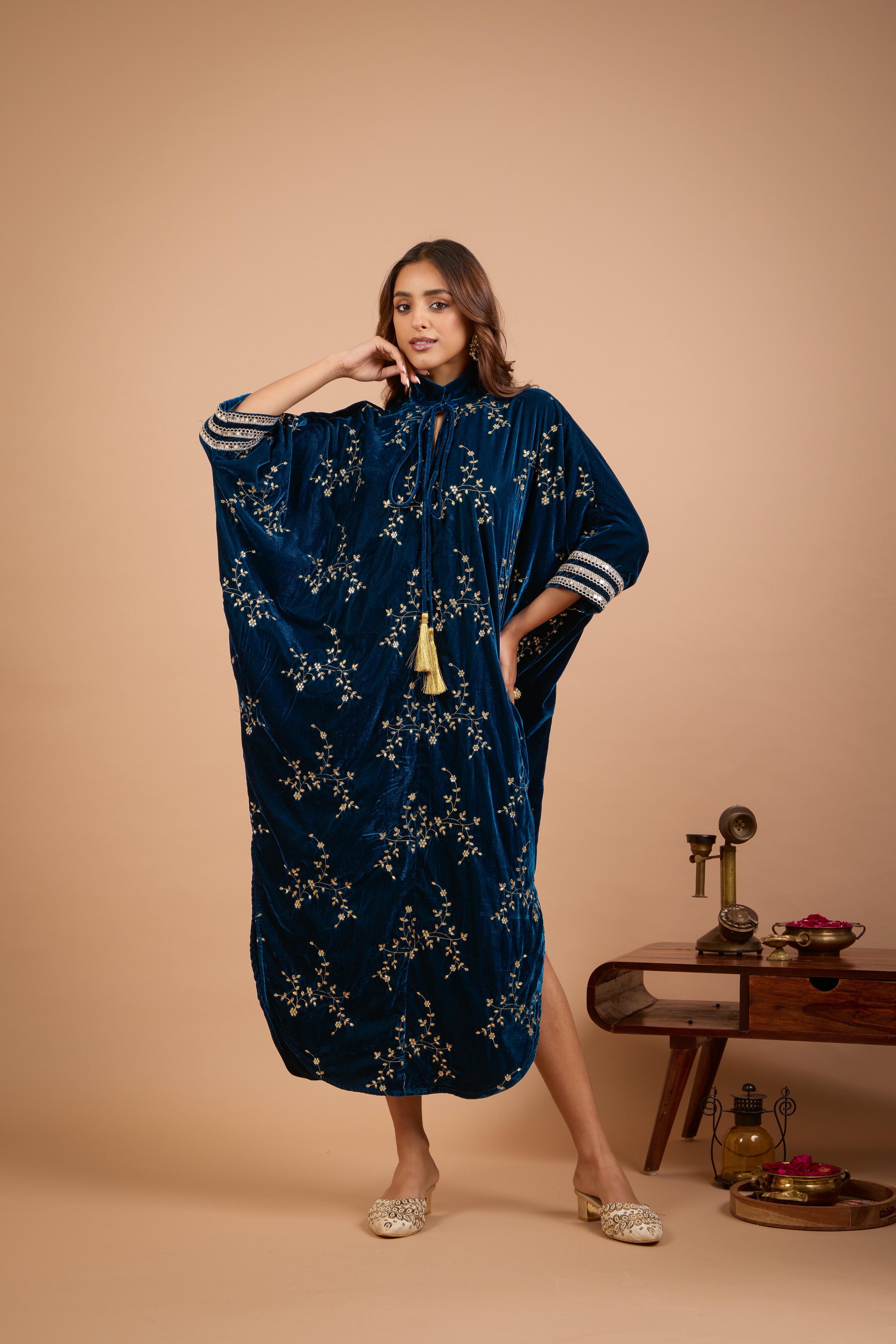 Alaya Jugni Bahamas Blue Velvet Embroidered Ruhani Kaftan