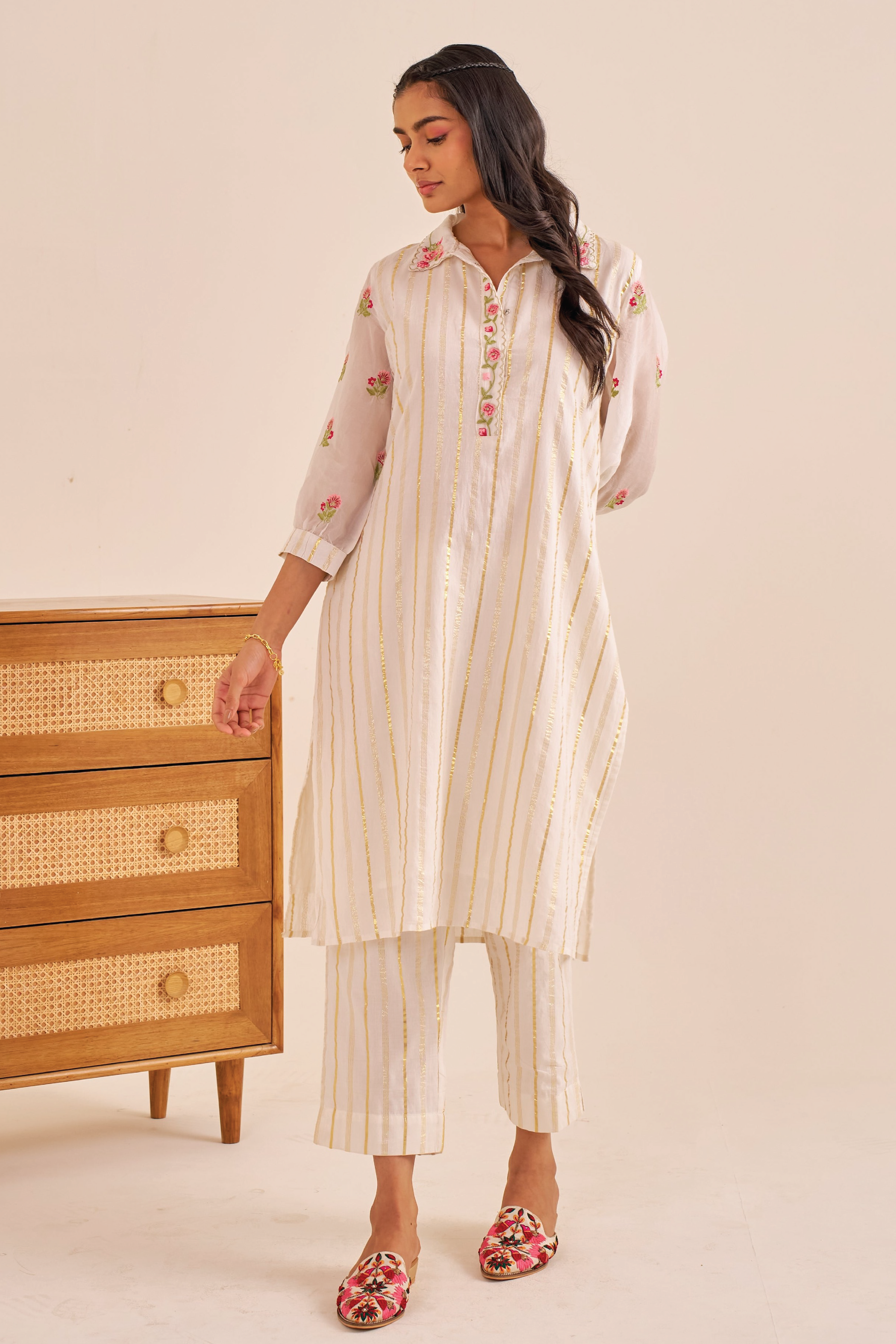 Alaya Meher White Lurex Embroidered Kurta Set