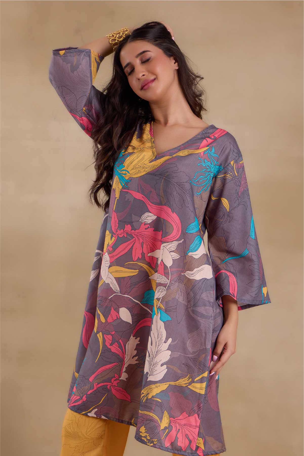 Alaya Pure Cotton Yellow Abstract Floral Kurta Set