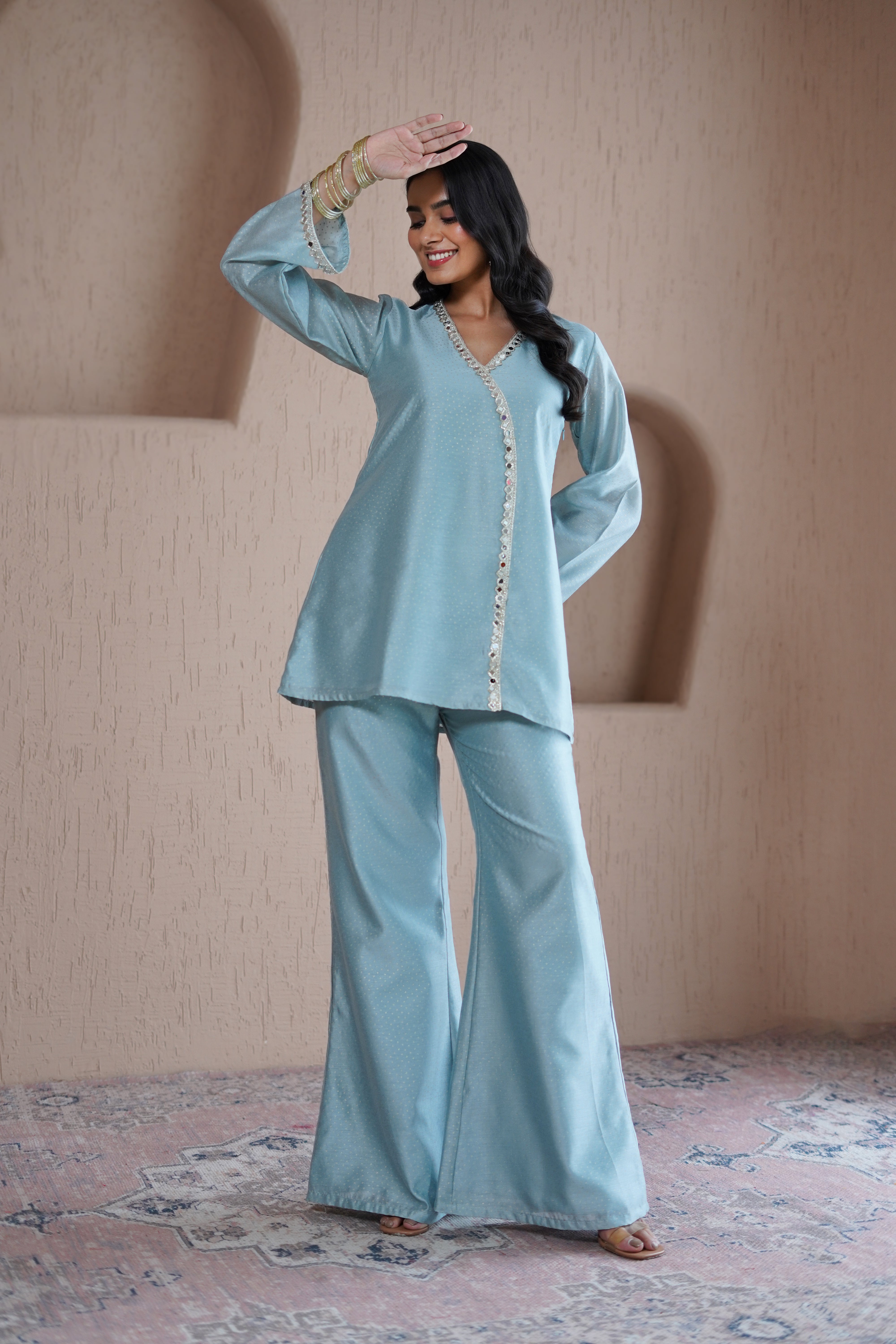 Alaya Resham Blue V-Neck Kurta Set