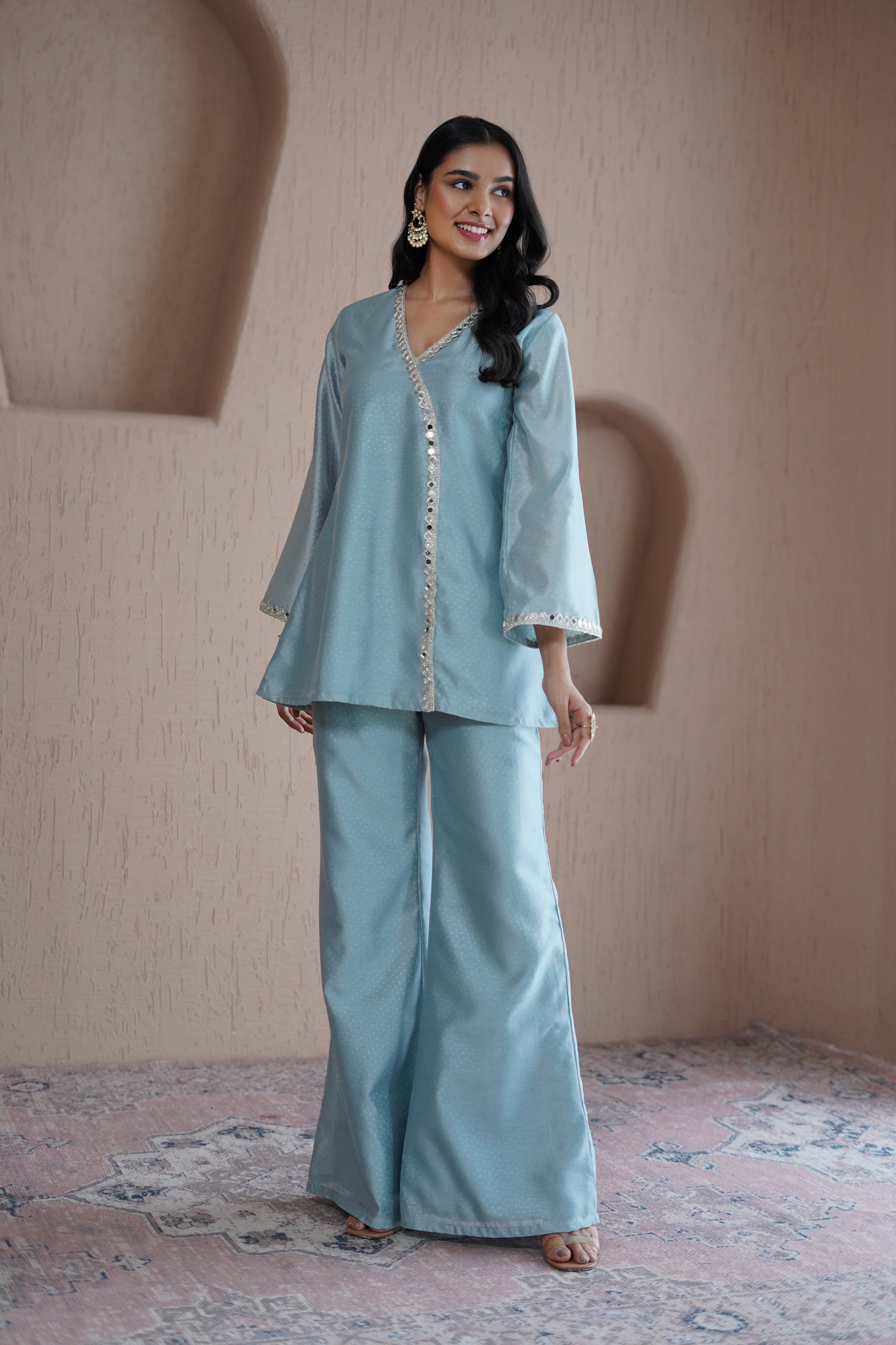 Alaya Resham Blue V-Neck Kurta Set