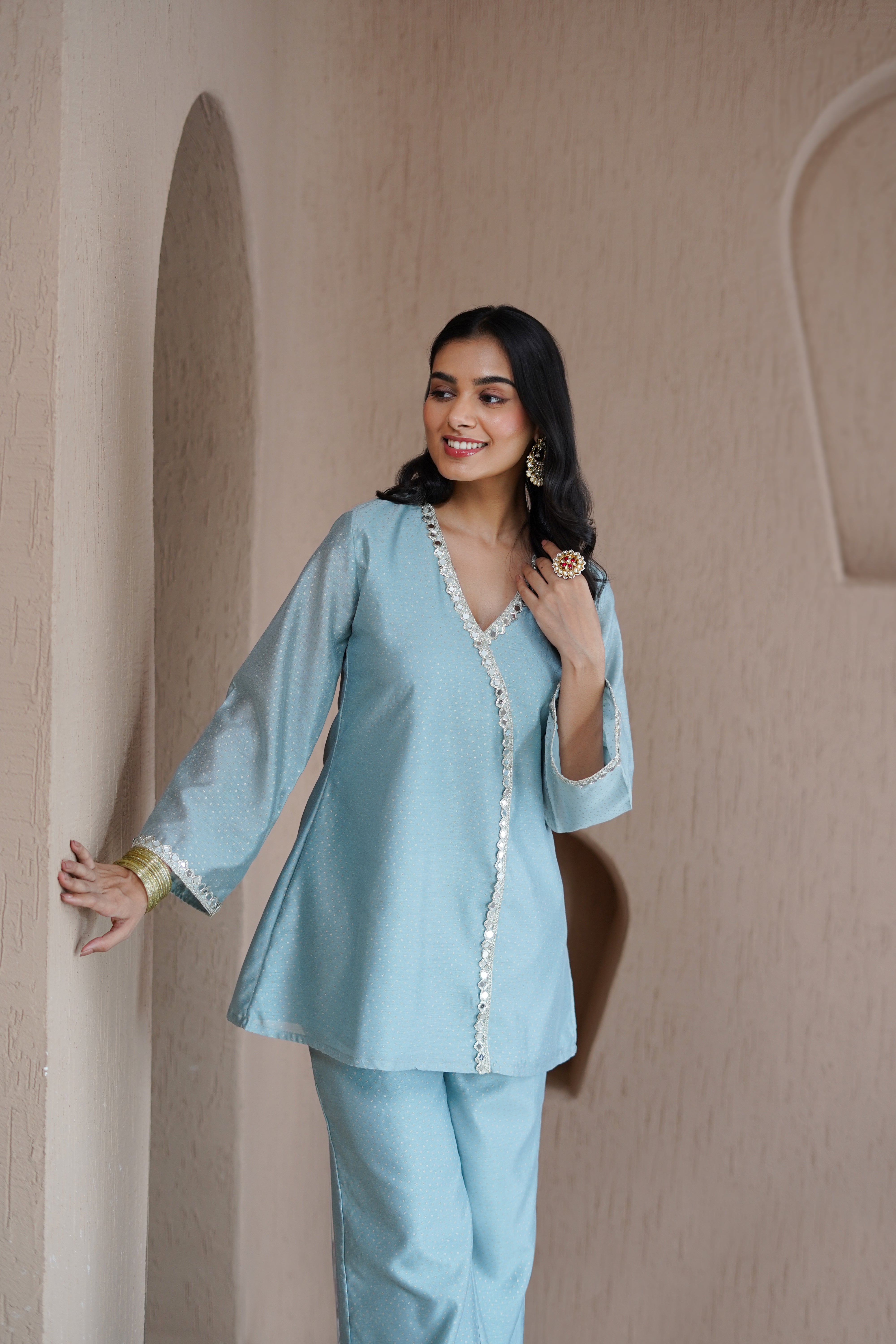 Alaya Resham Blue V-Neck Kurta Set