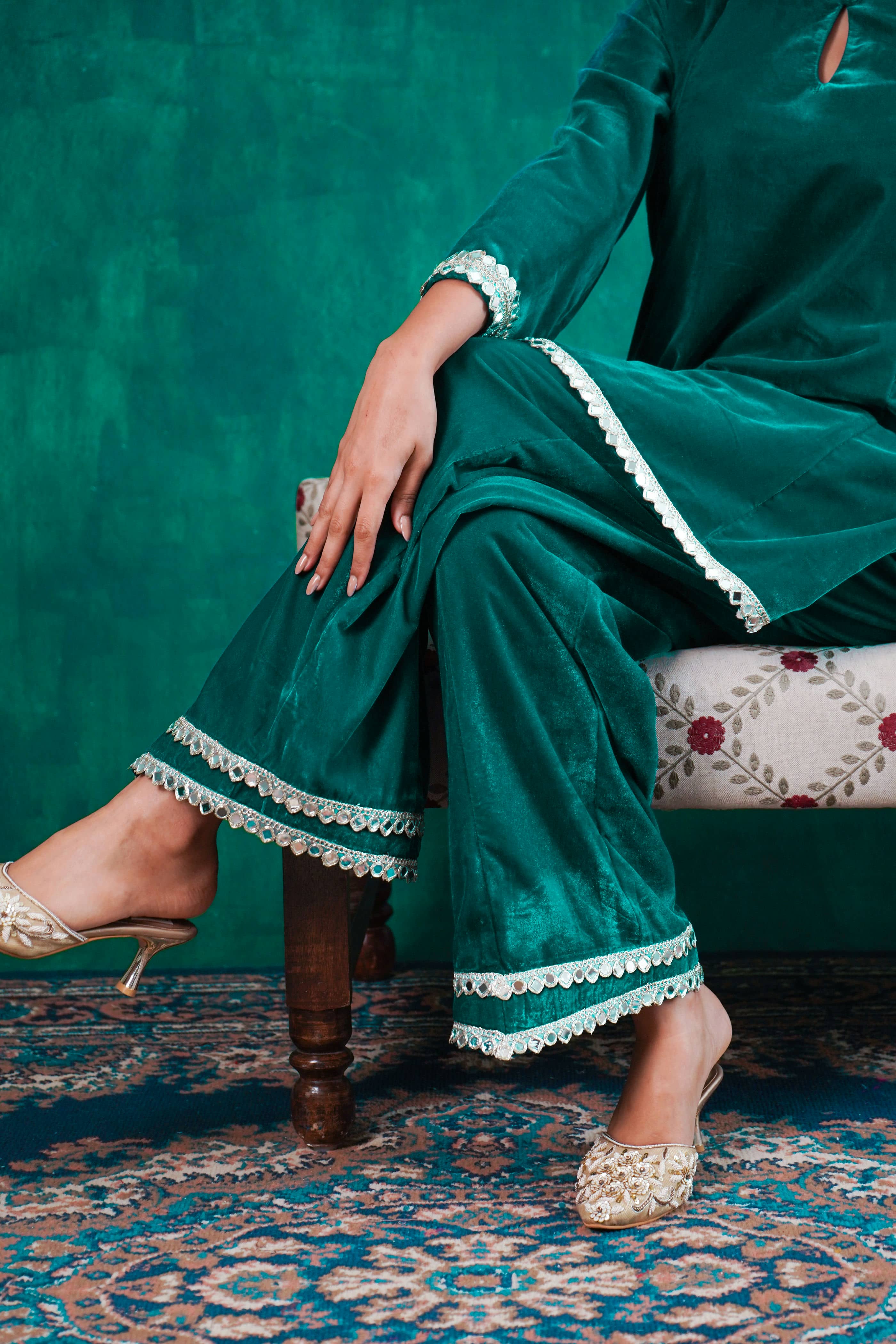 Rutba Green Velvet Mirrorwork Kurta With Pants