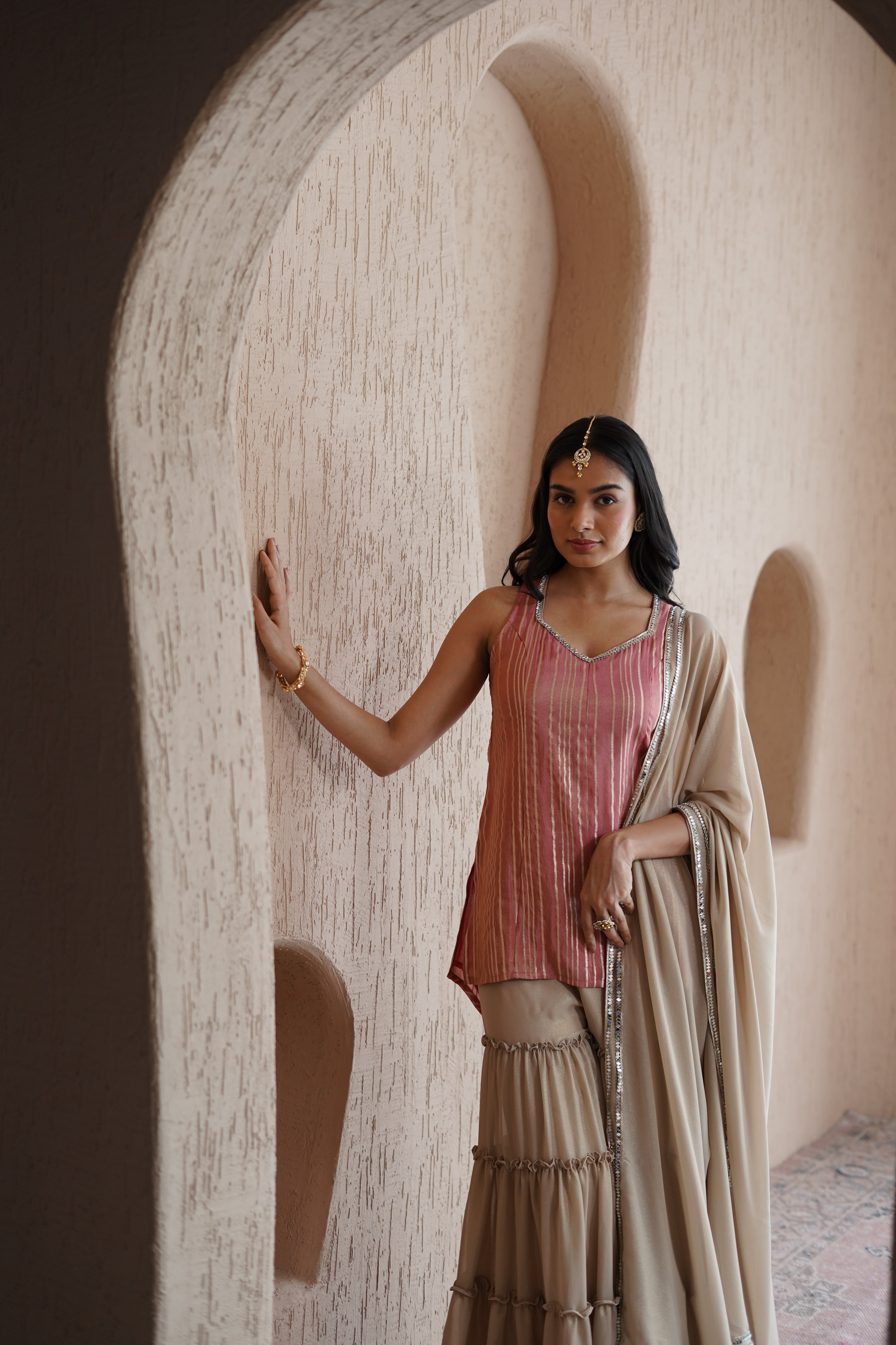 Alaya Resham Pink stripe kurta set