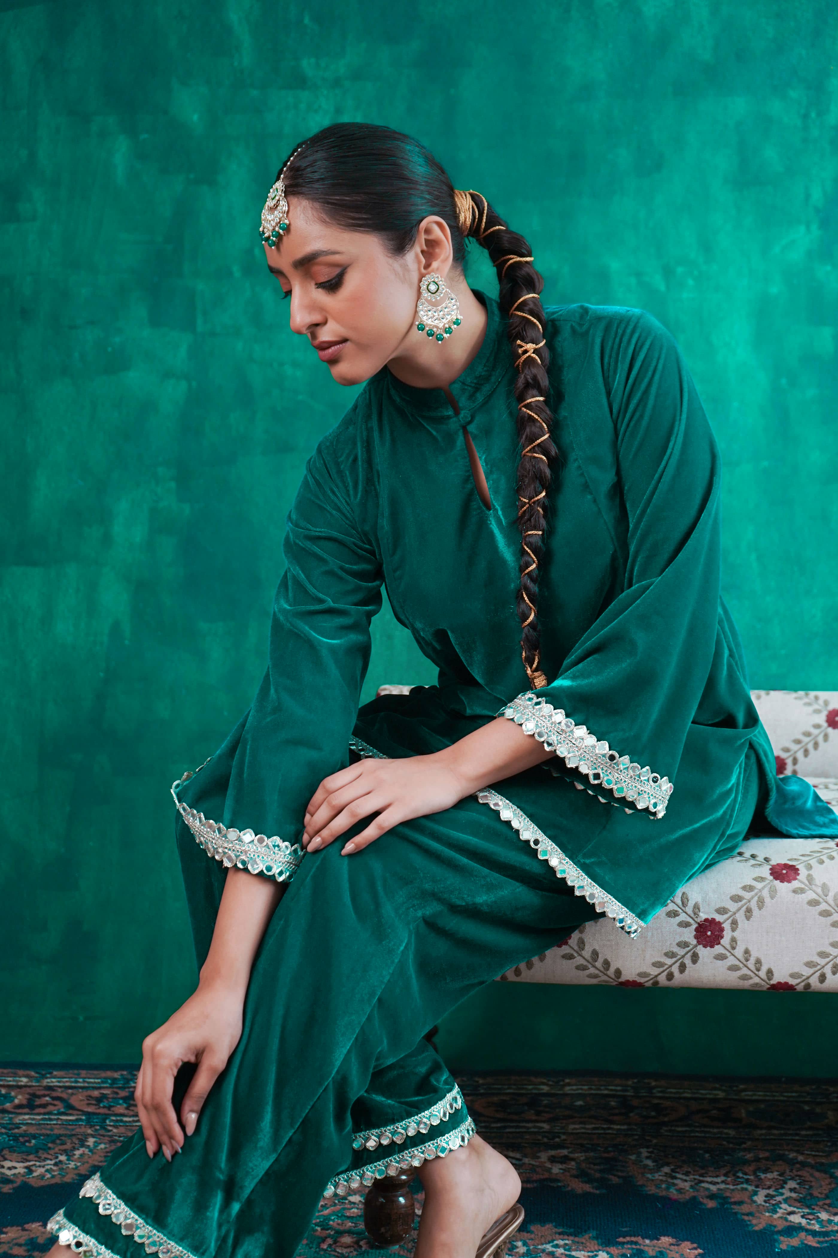 Rutba Green Velvet Mirrorwork Kurta With Pants