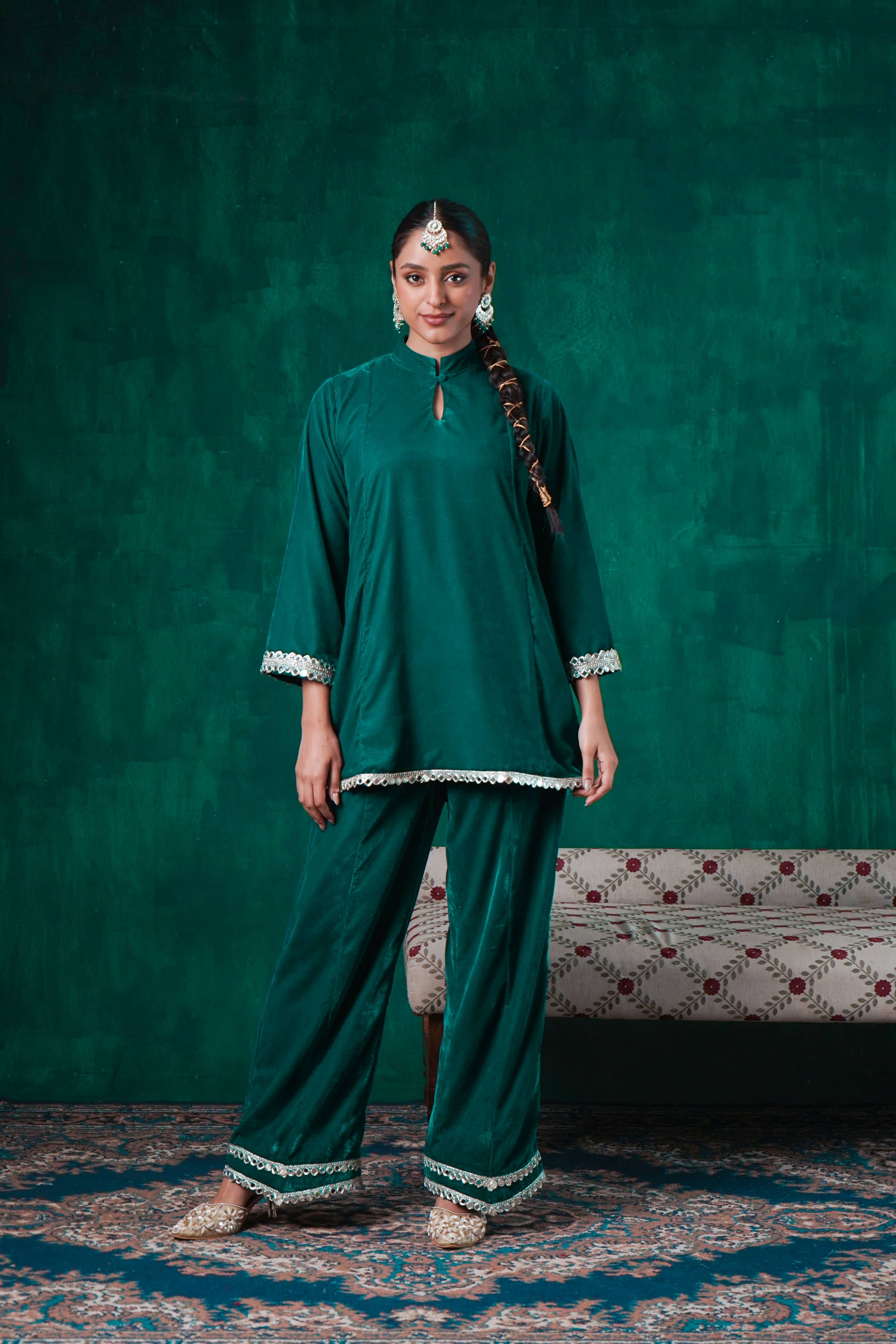 Rutba Green Velvet Mirrorwork Kurta With Pants