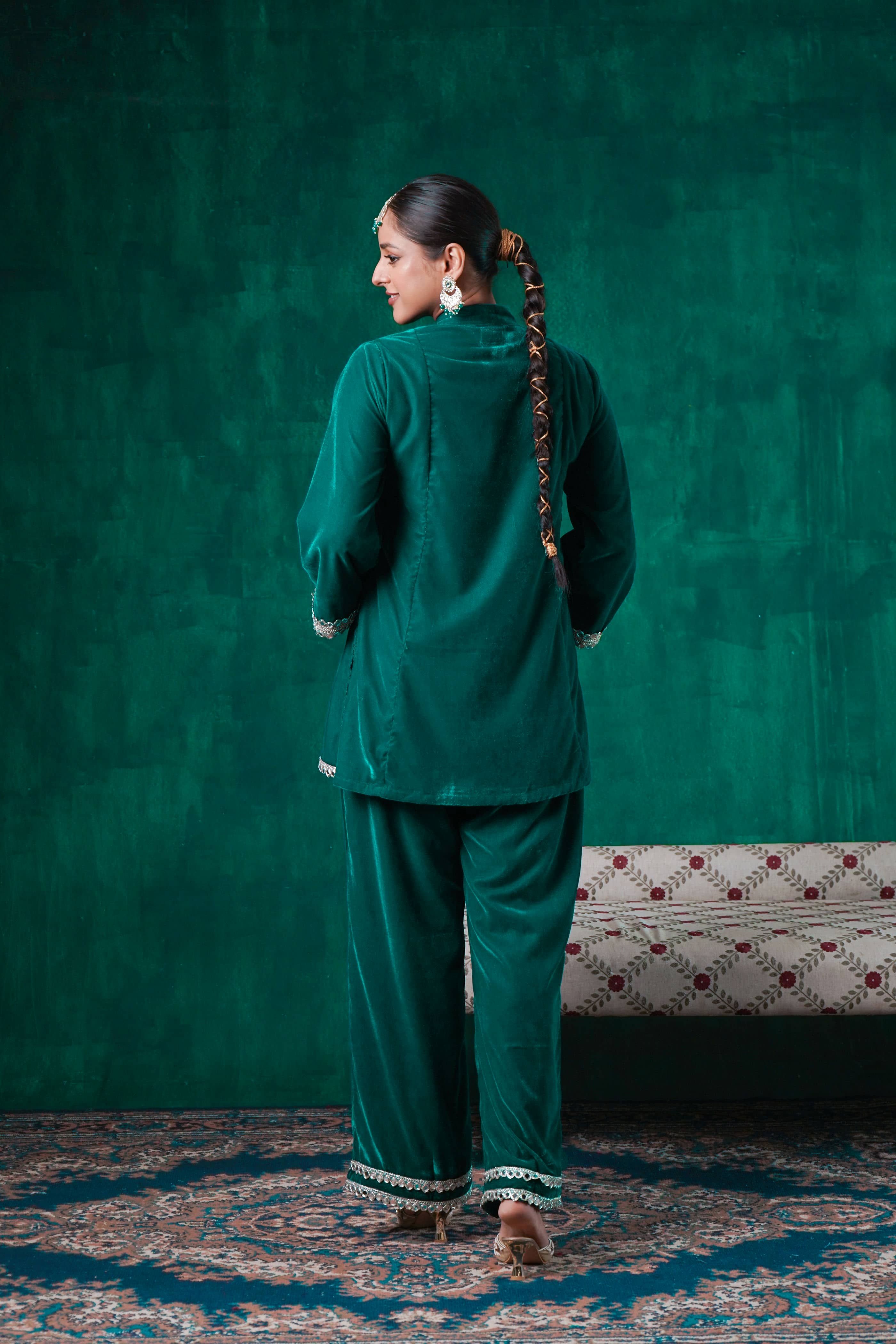 Rutba Green Velvet Mirrorwork Kurta With Pants