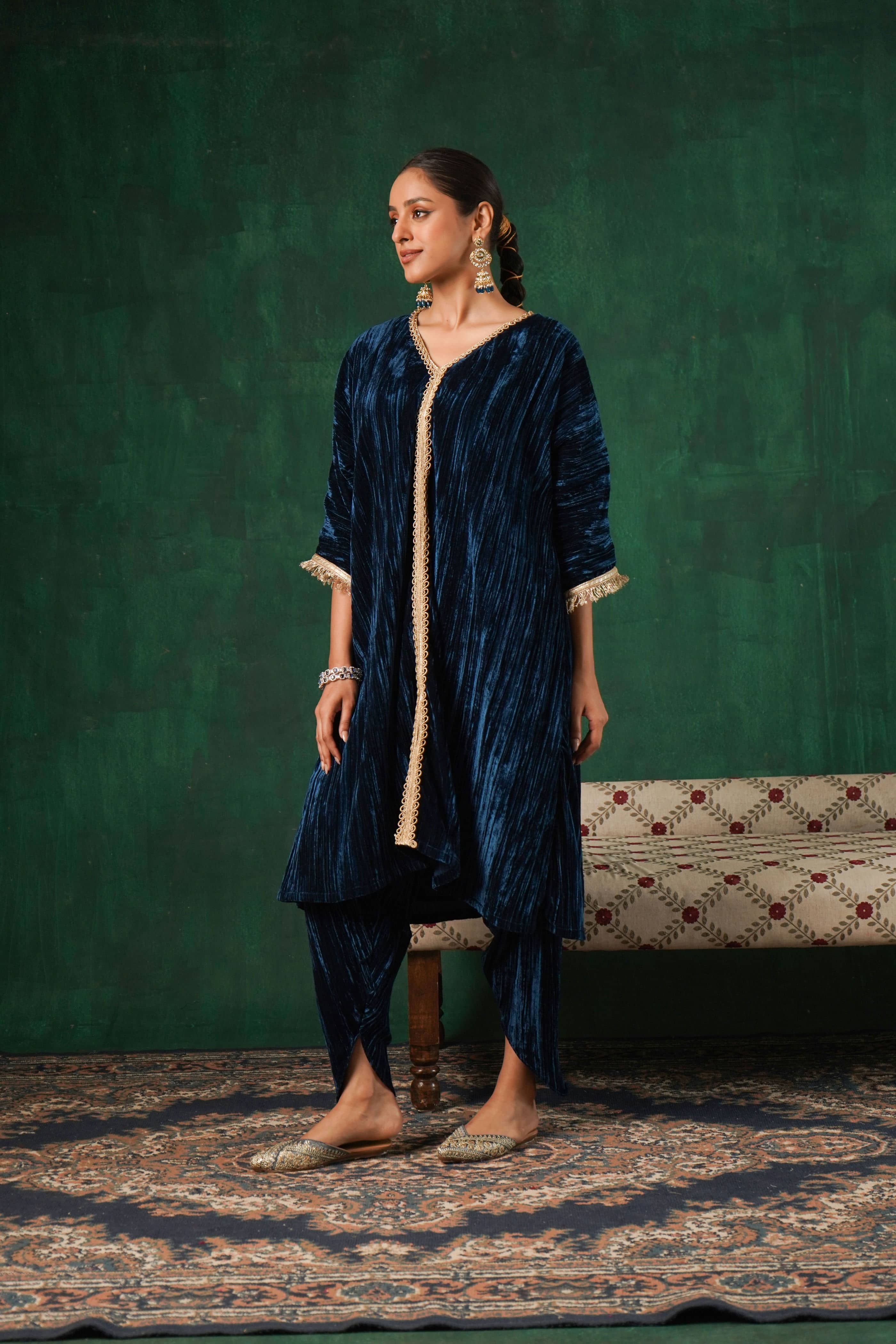 Rutba Navy velvet Kaftan Kurta with Tulip Pants