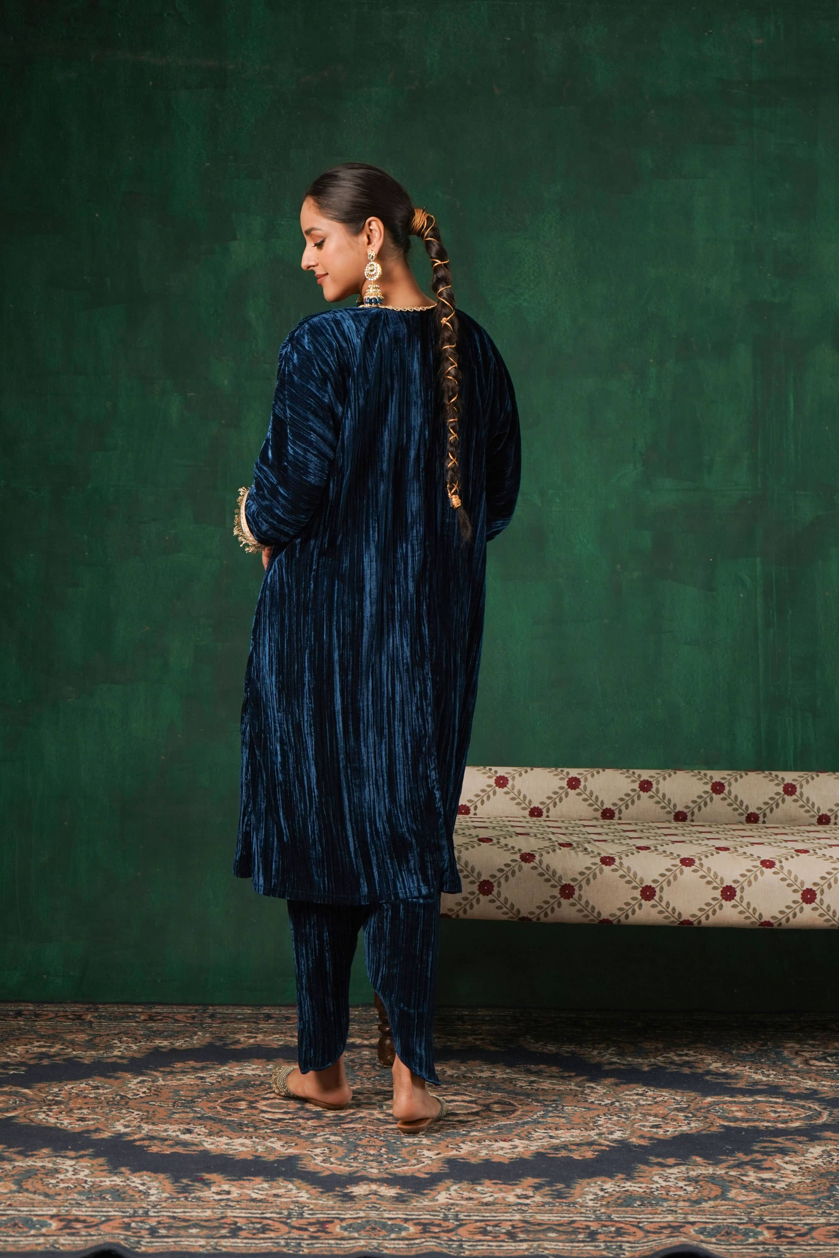 Rutba Navy velvet Kaftan Kurta with Tulip Pants