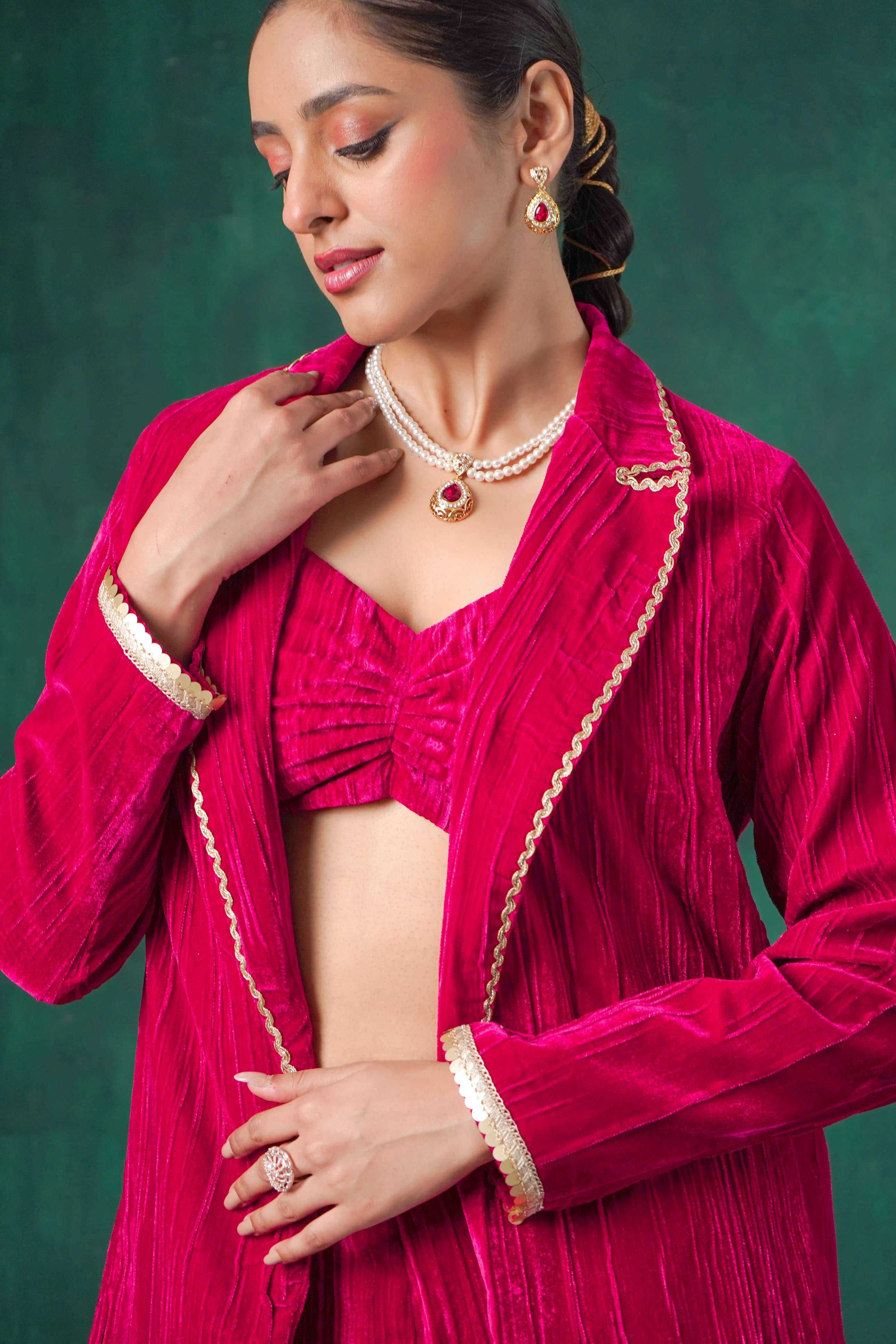 Rutba Fuchsia Velvet Blazer Set