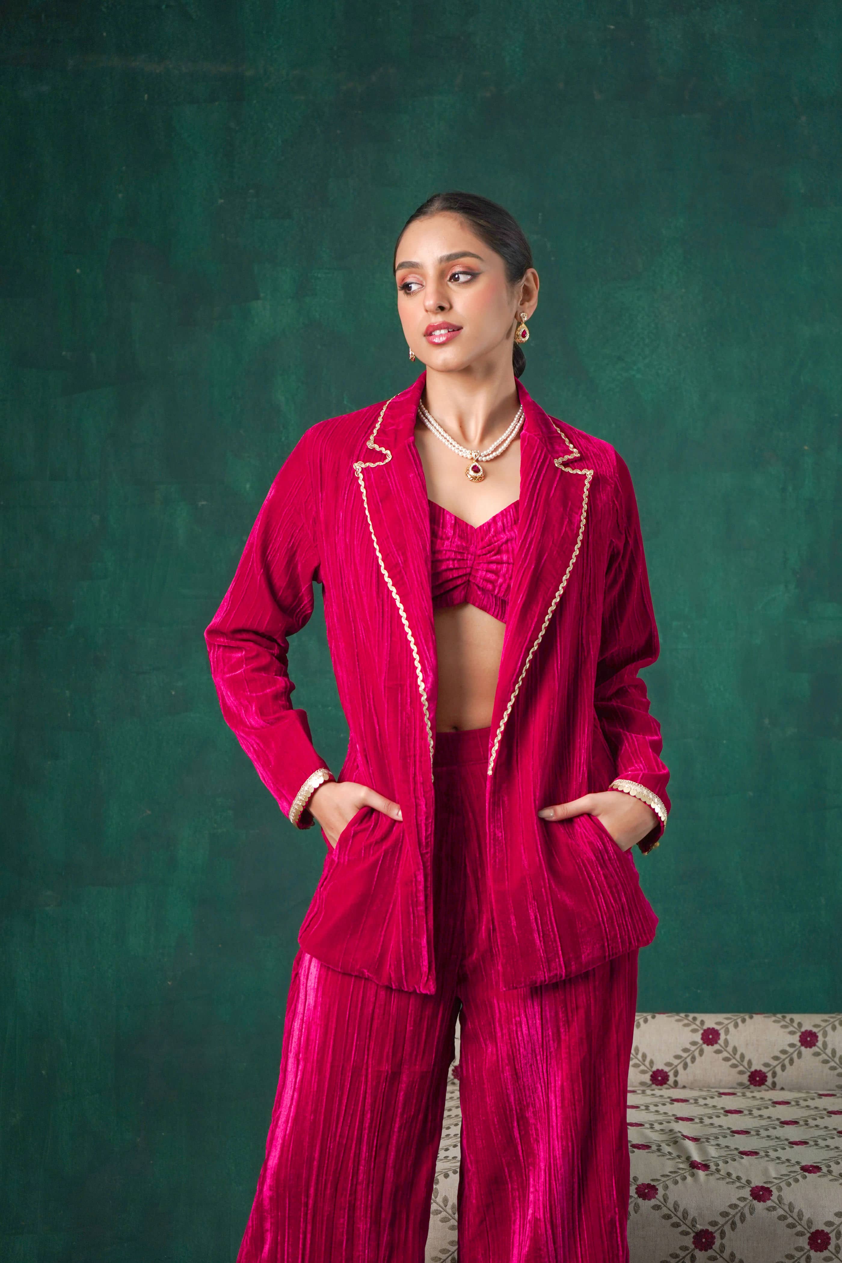 Rutba Fuchsia Velvet Blazer Set