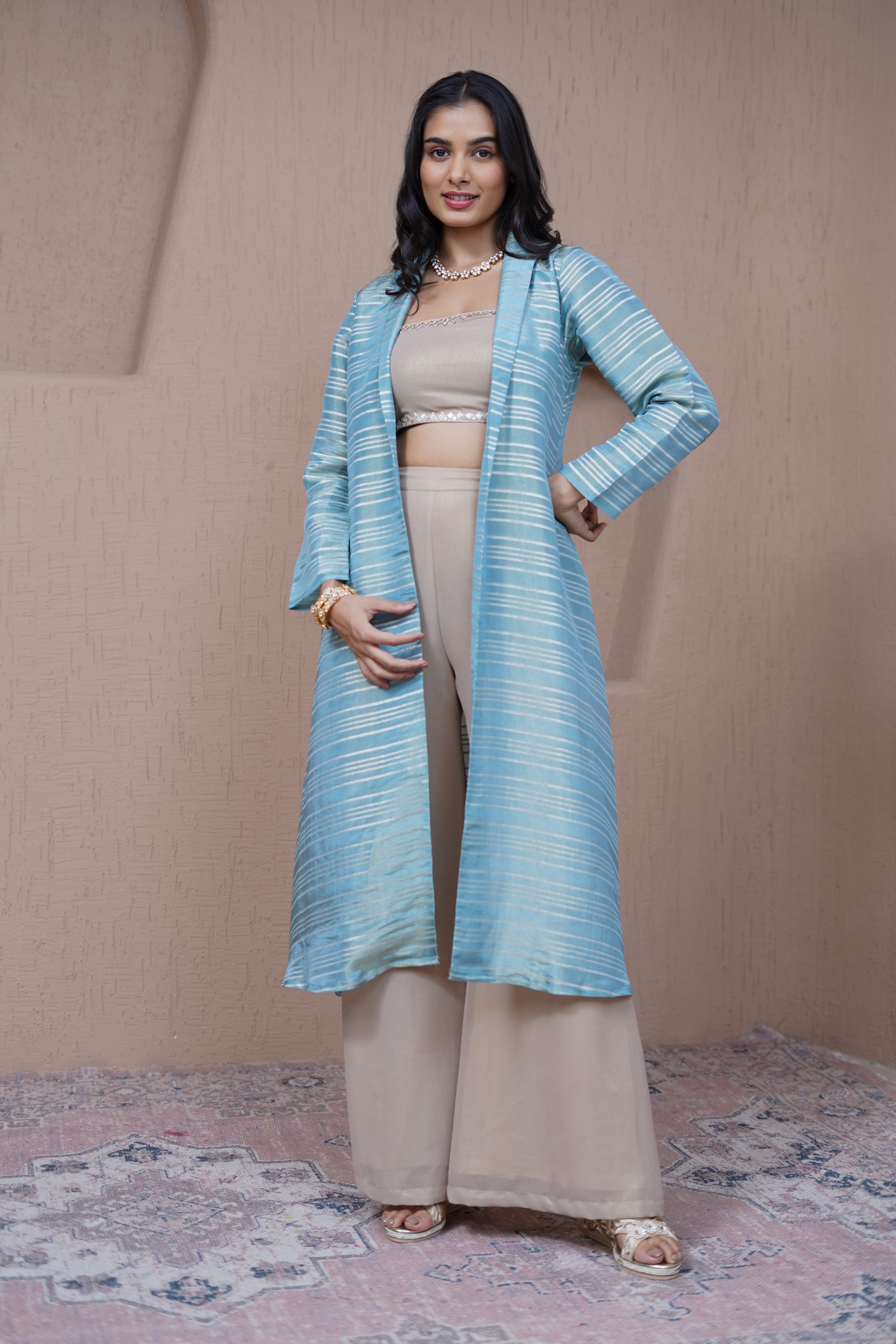 Alaya Resham Blue Overlay set