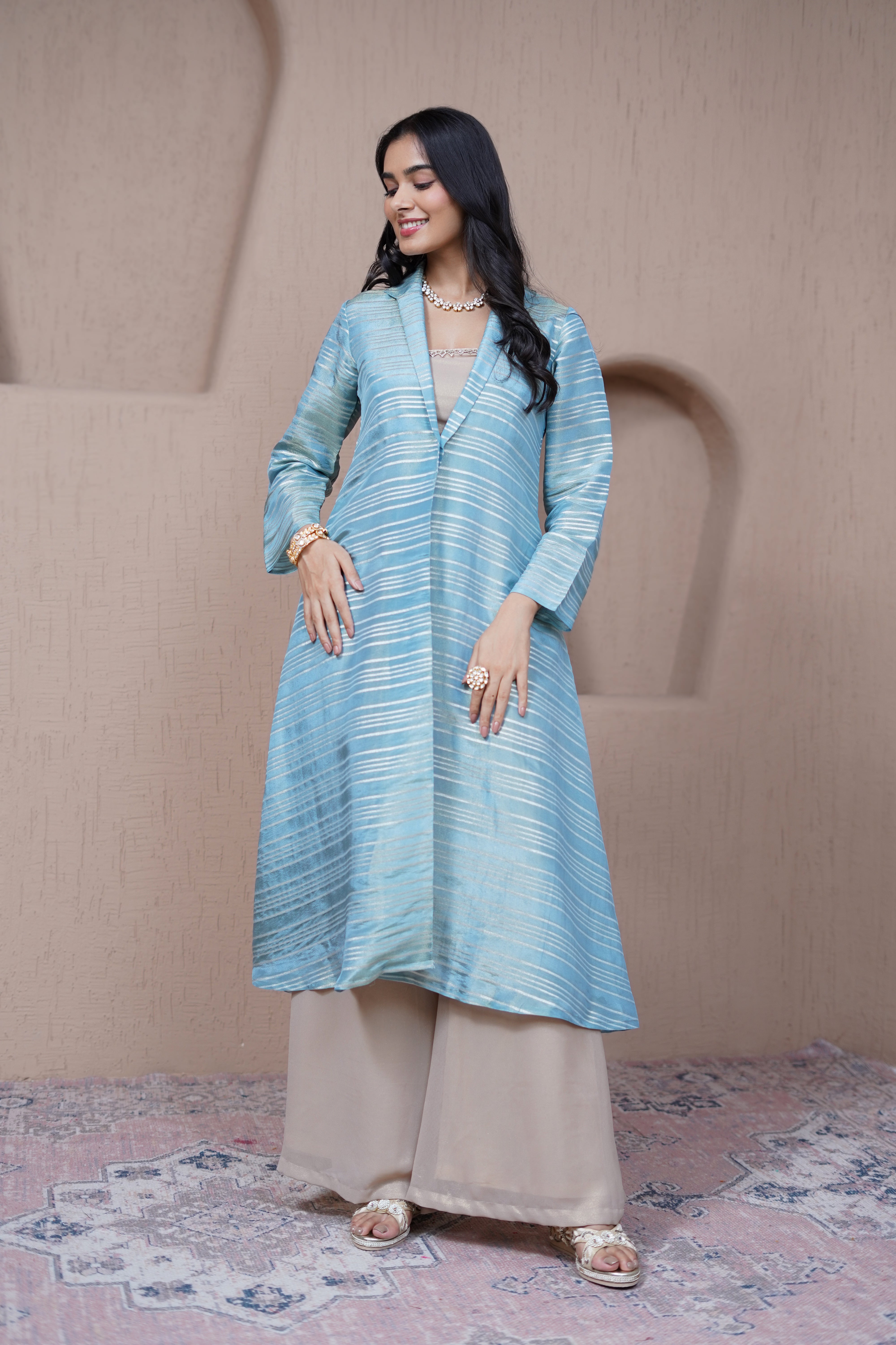 Alaya Resham Blue Overlay set