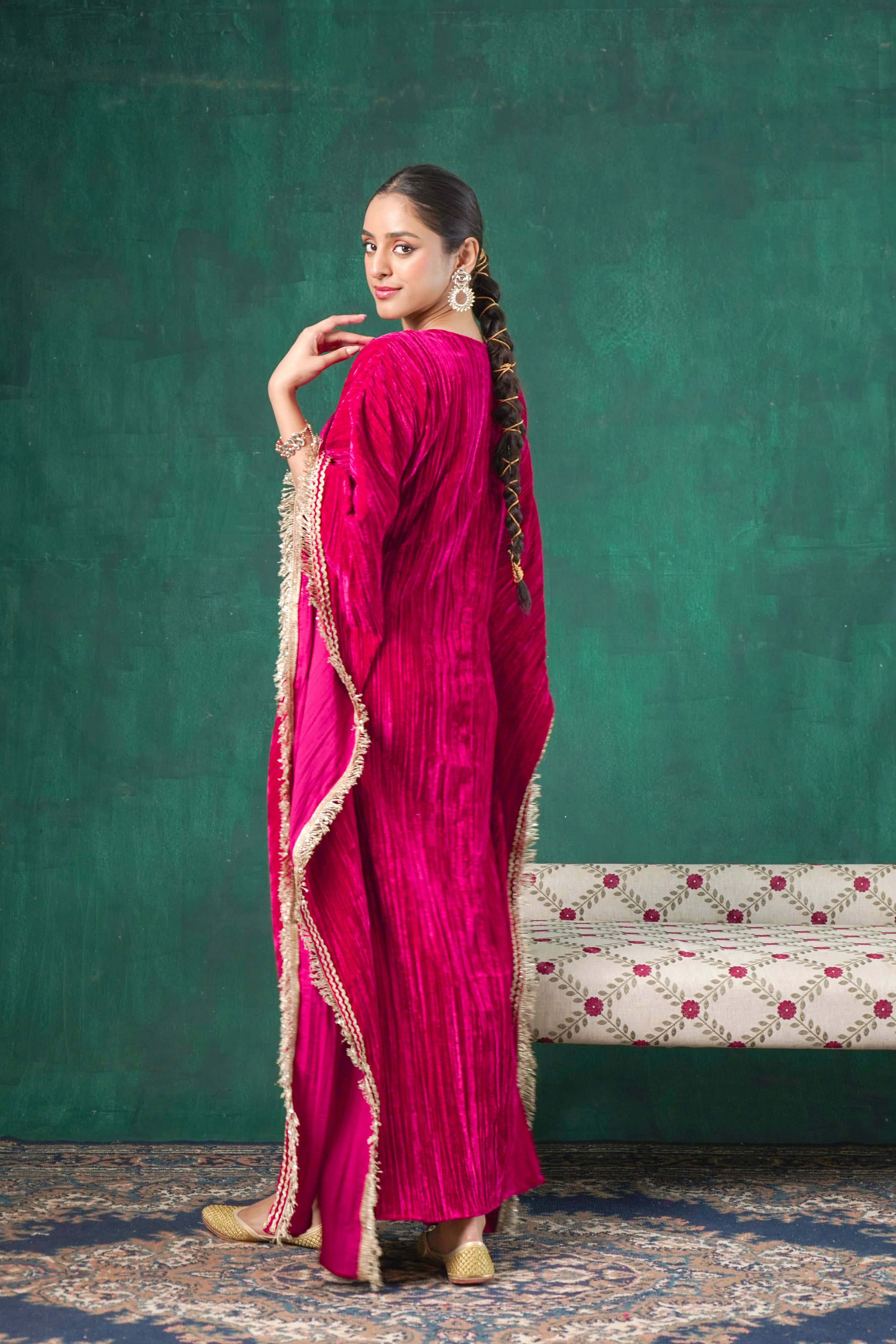 Rutba Fuchsia Velvet Kaftan