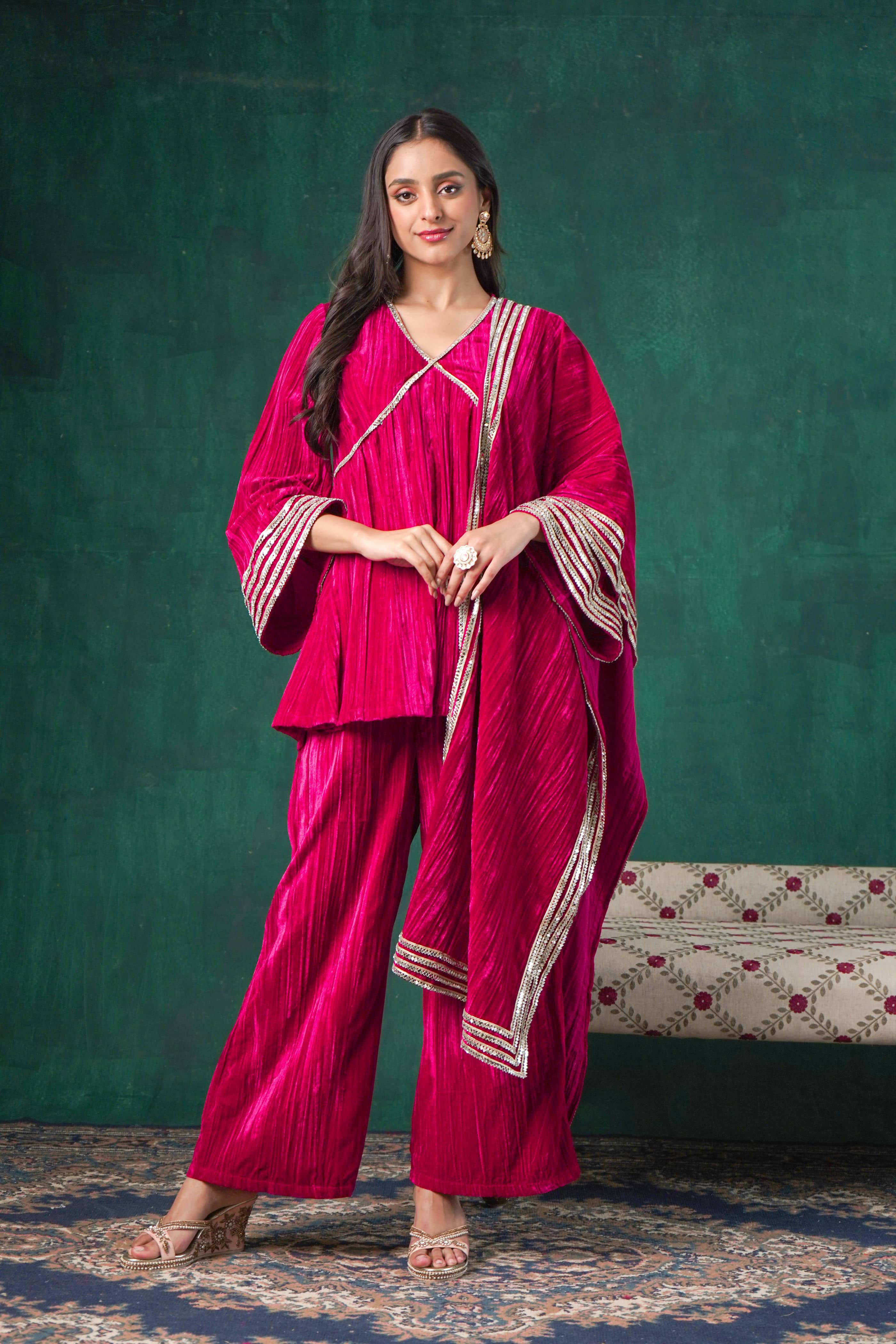 Rutba Fuchsia Velvet Peplum Kurta Set