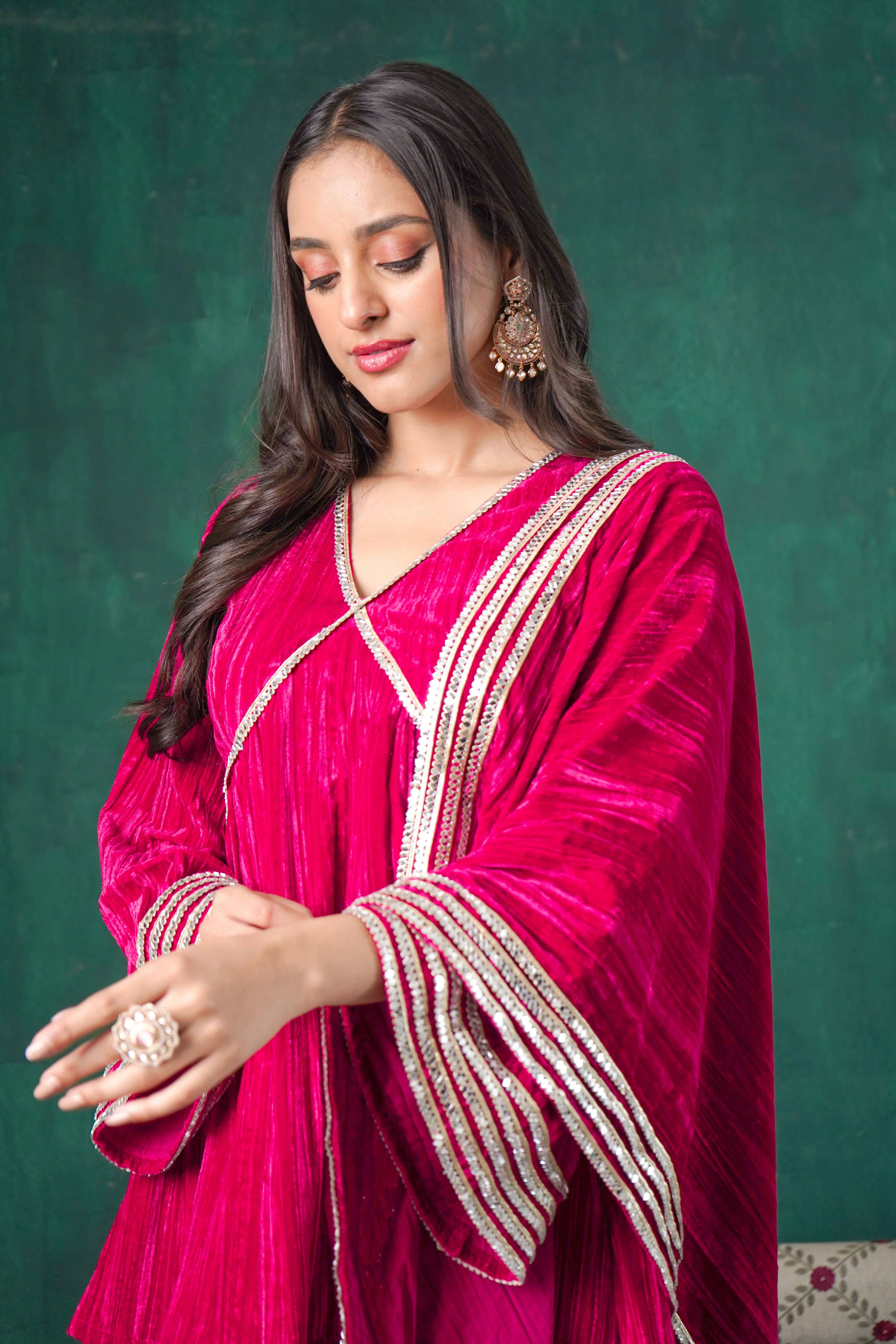 Rutba Fuchsia Velvet Peplum Kurta Set