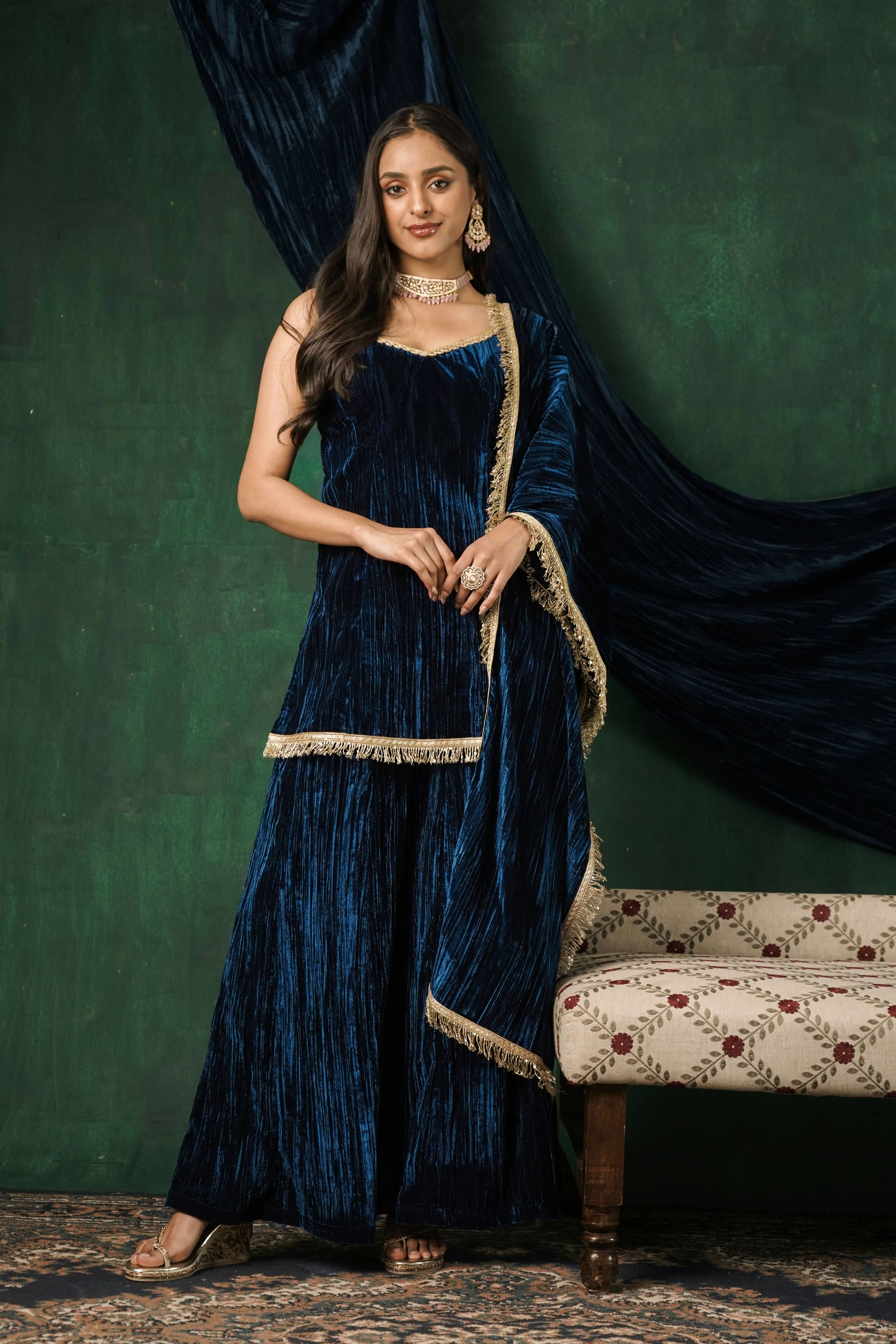 Rutba Navy Velvet Cami Kurta with Sharara and Dupatta