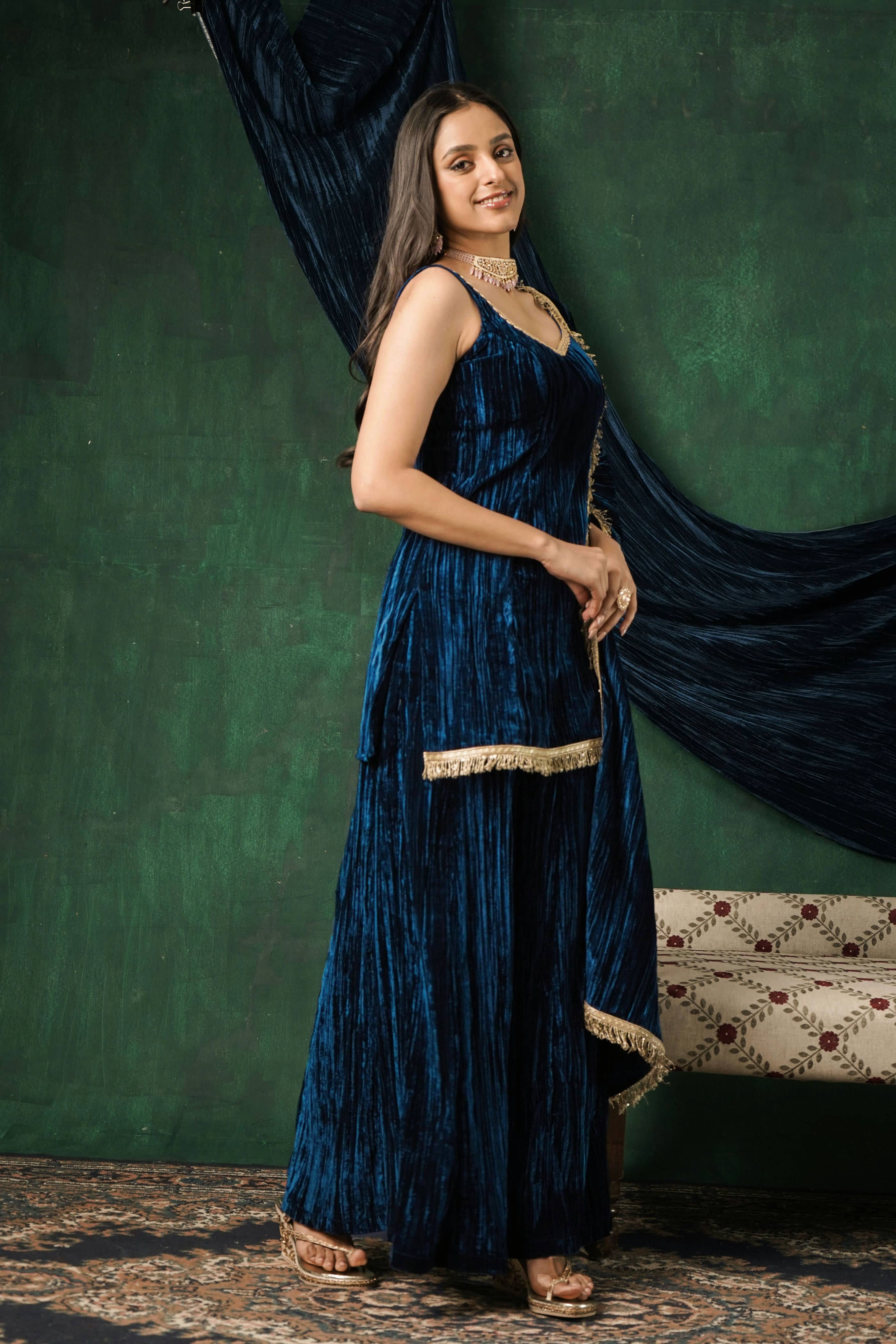 Rutba Navy Velvet Cami Kurta with Sharara and Dupatta