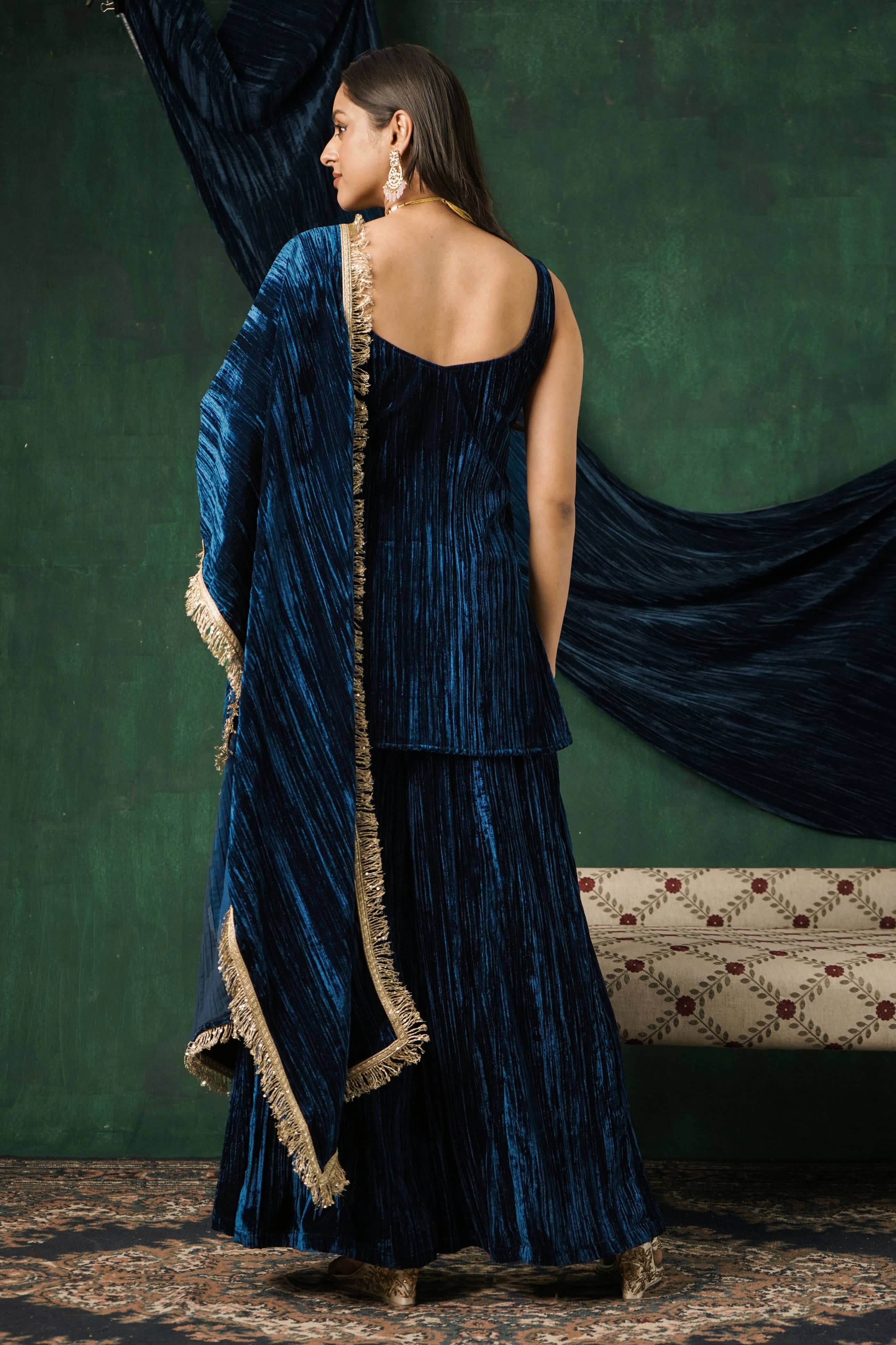 Rutba Navy Velvet Cami Kurta with Sharara and Dupatta