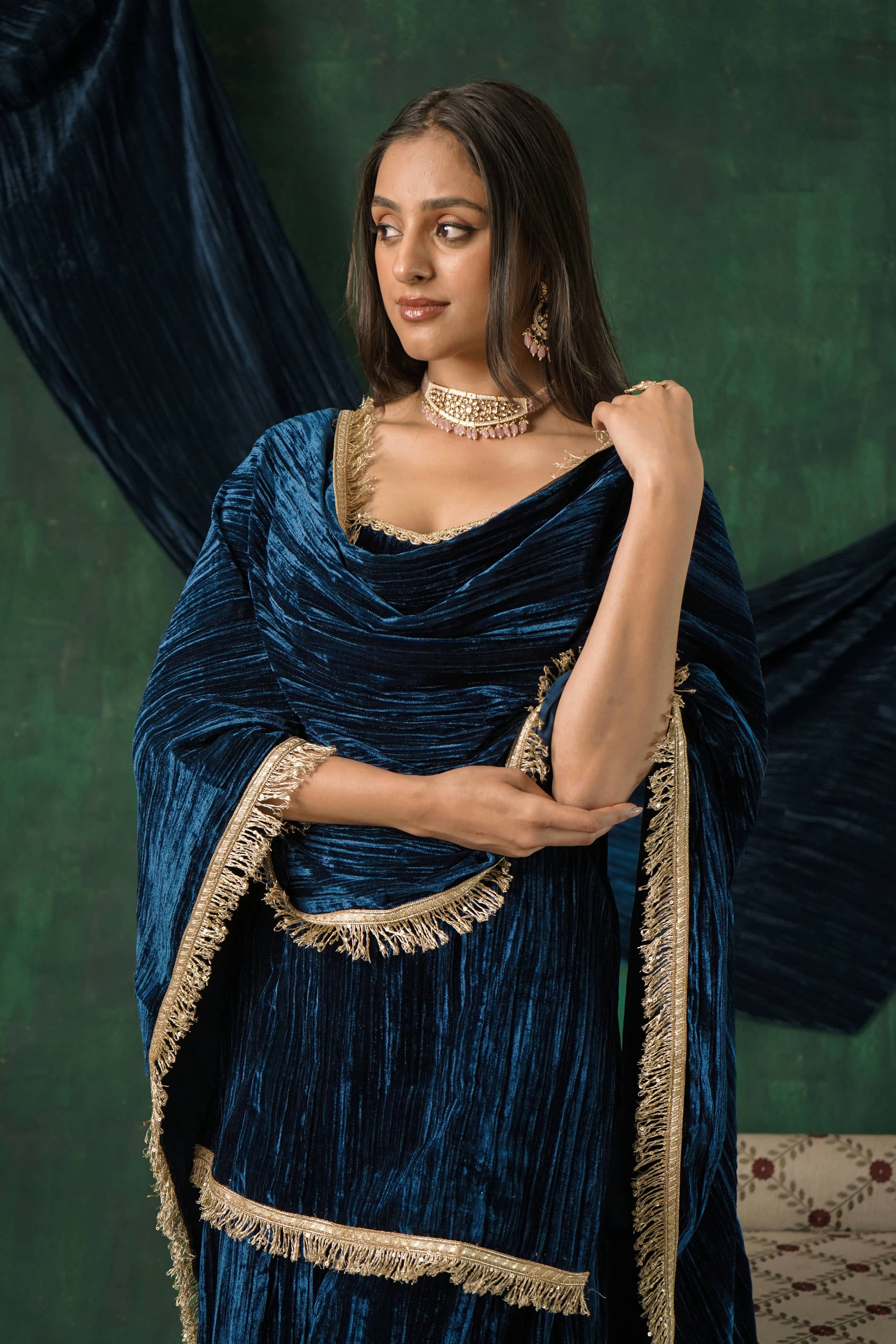 Rutba Navy Velvet Cami Kurta with Sharara and Dupatta