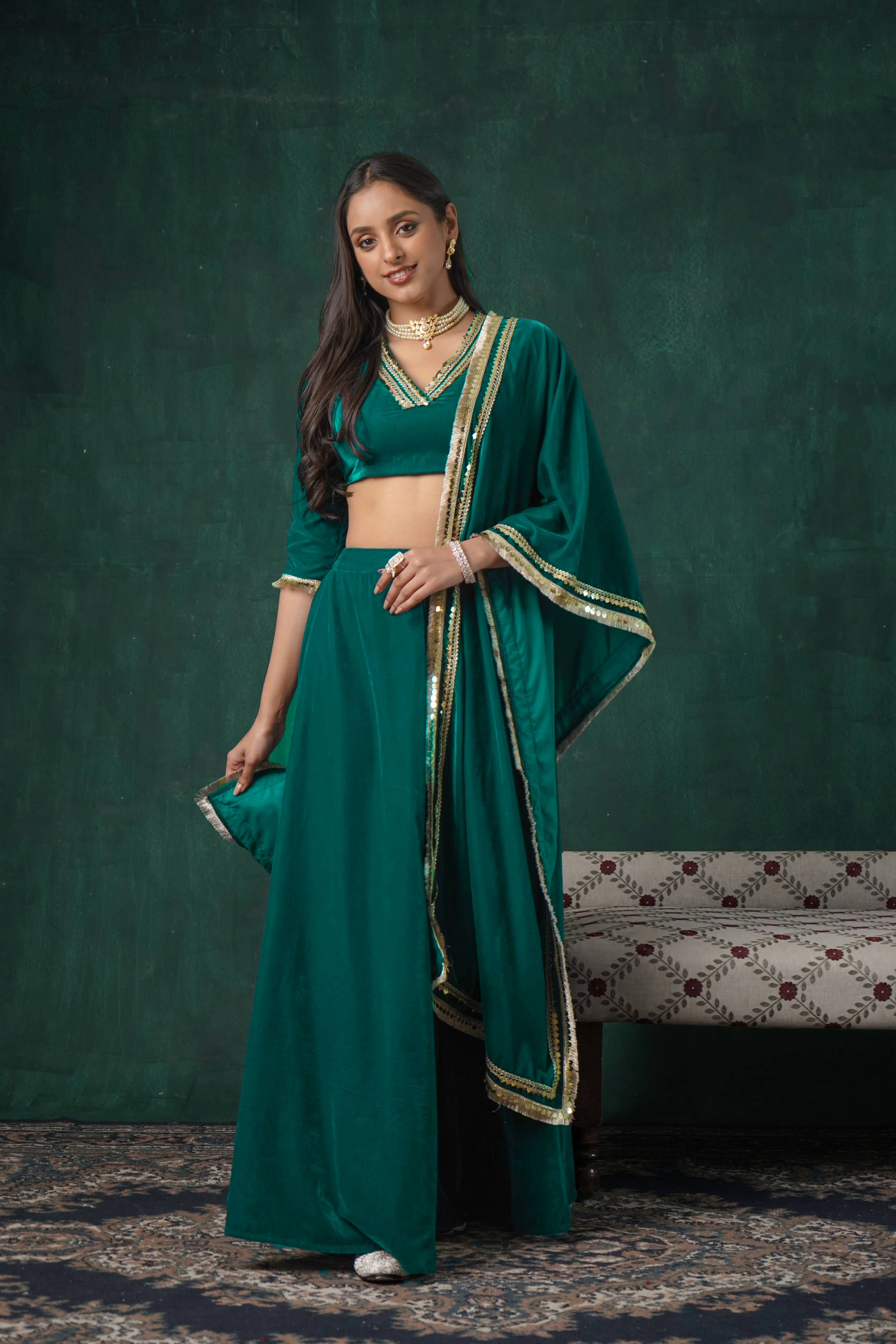 Rutba Green Velvet Lehenga Set