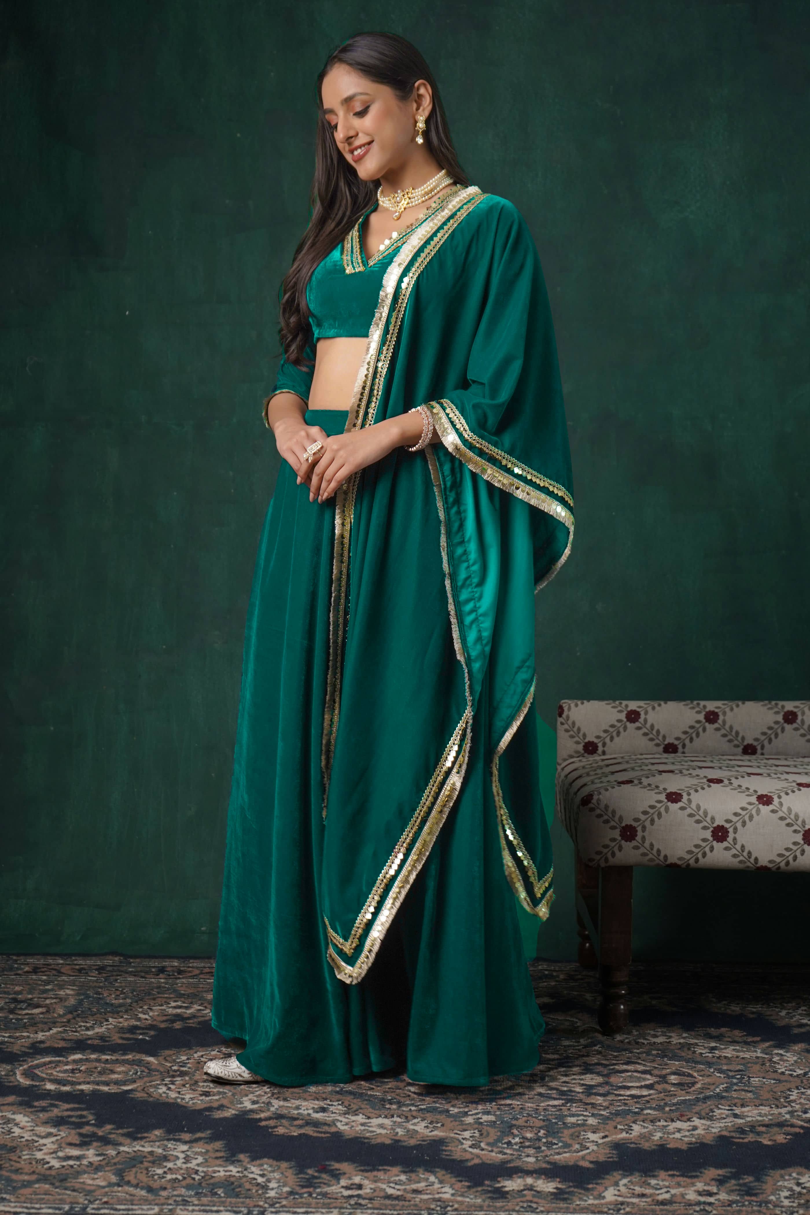 Rutba Green Velvet Lehenga Set