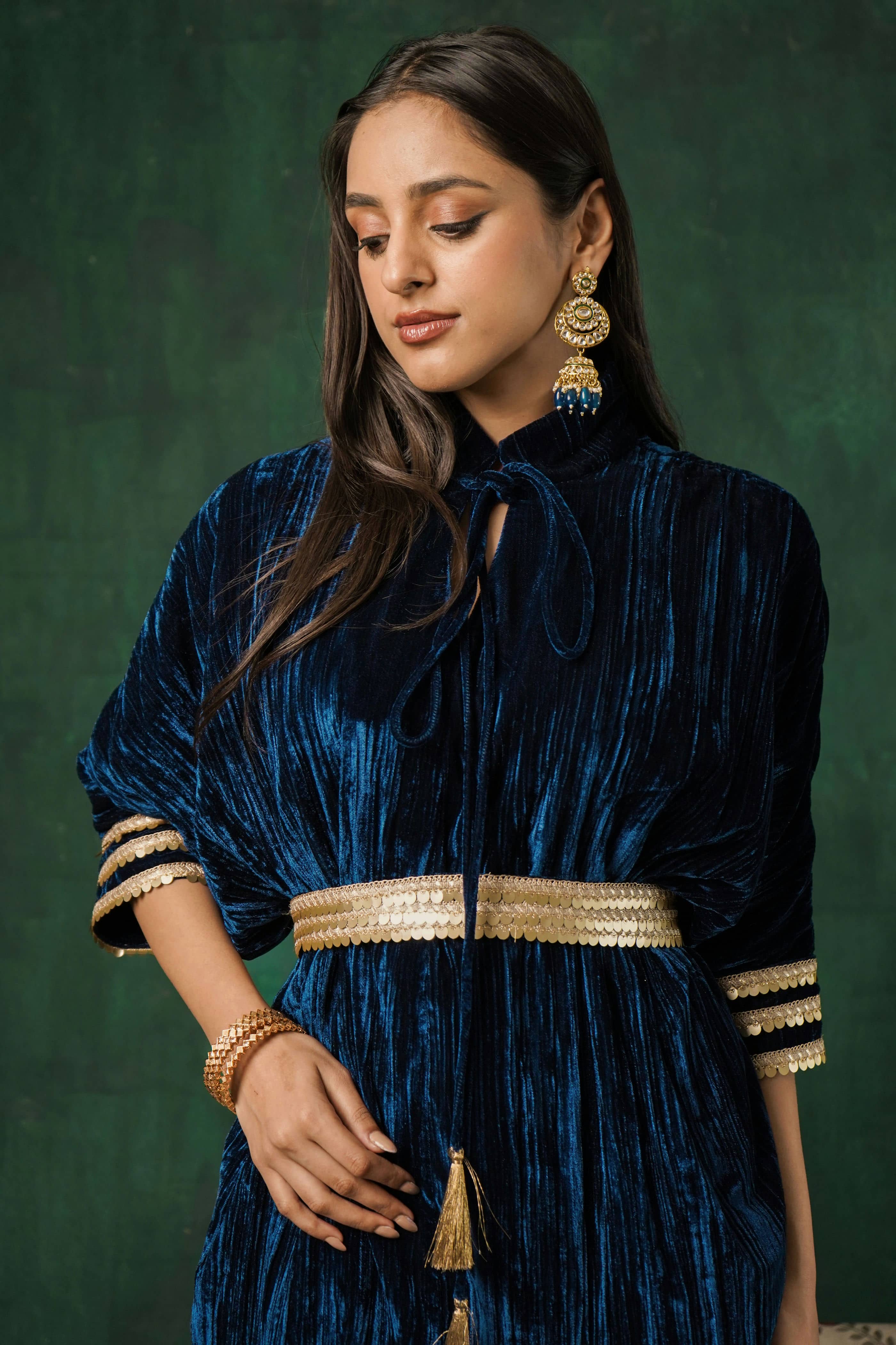 Rutba Navy Velvet Kaftan with Belt