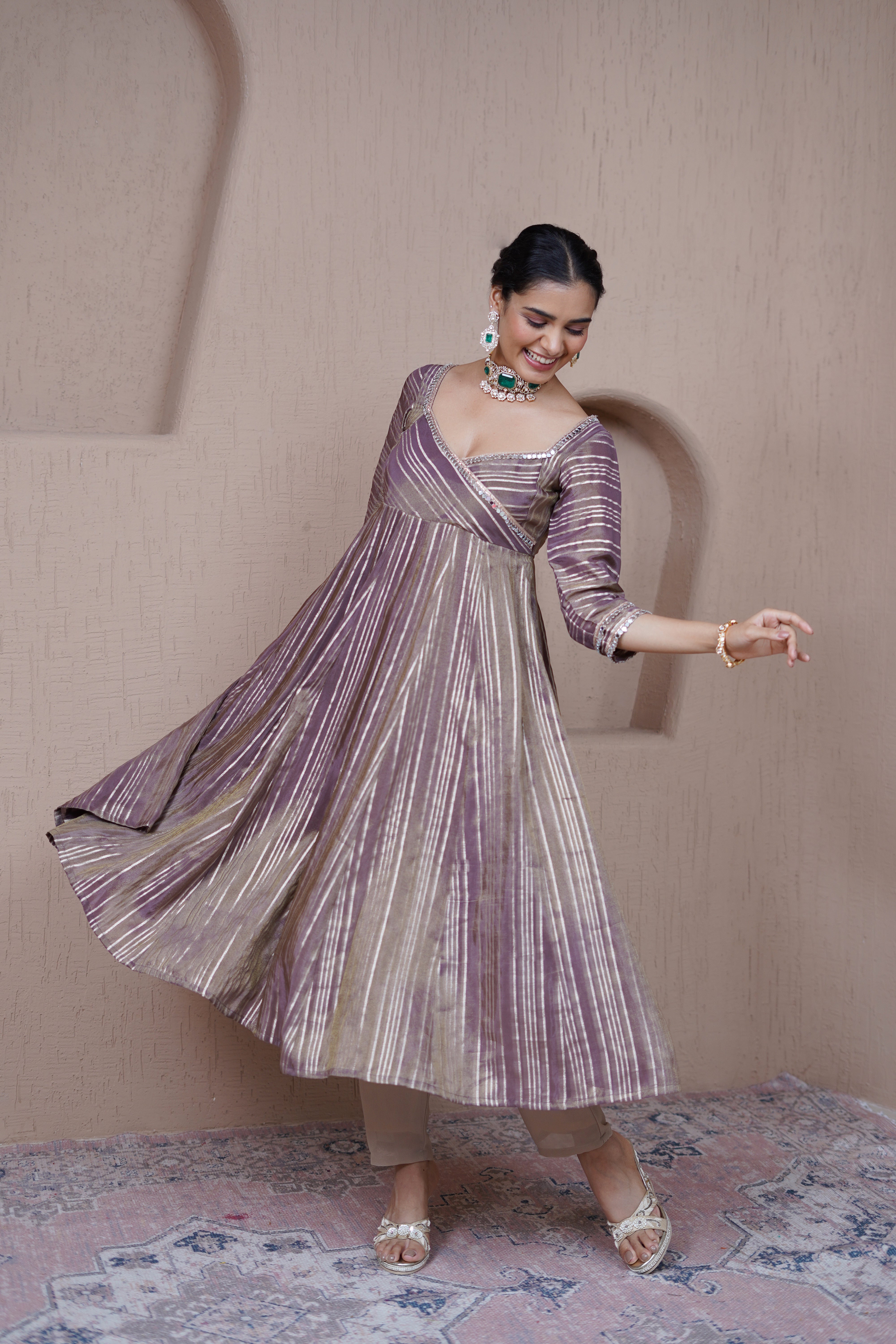 Alaya Resham Bronze Striped Anarkali Set