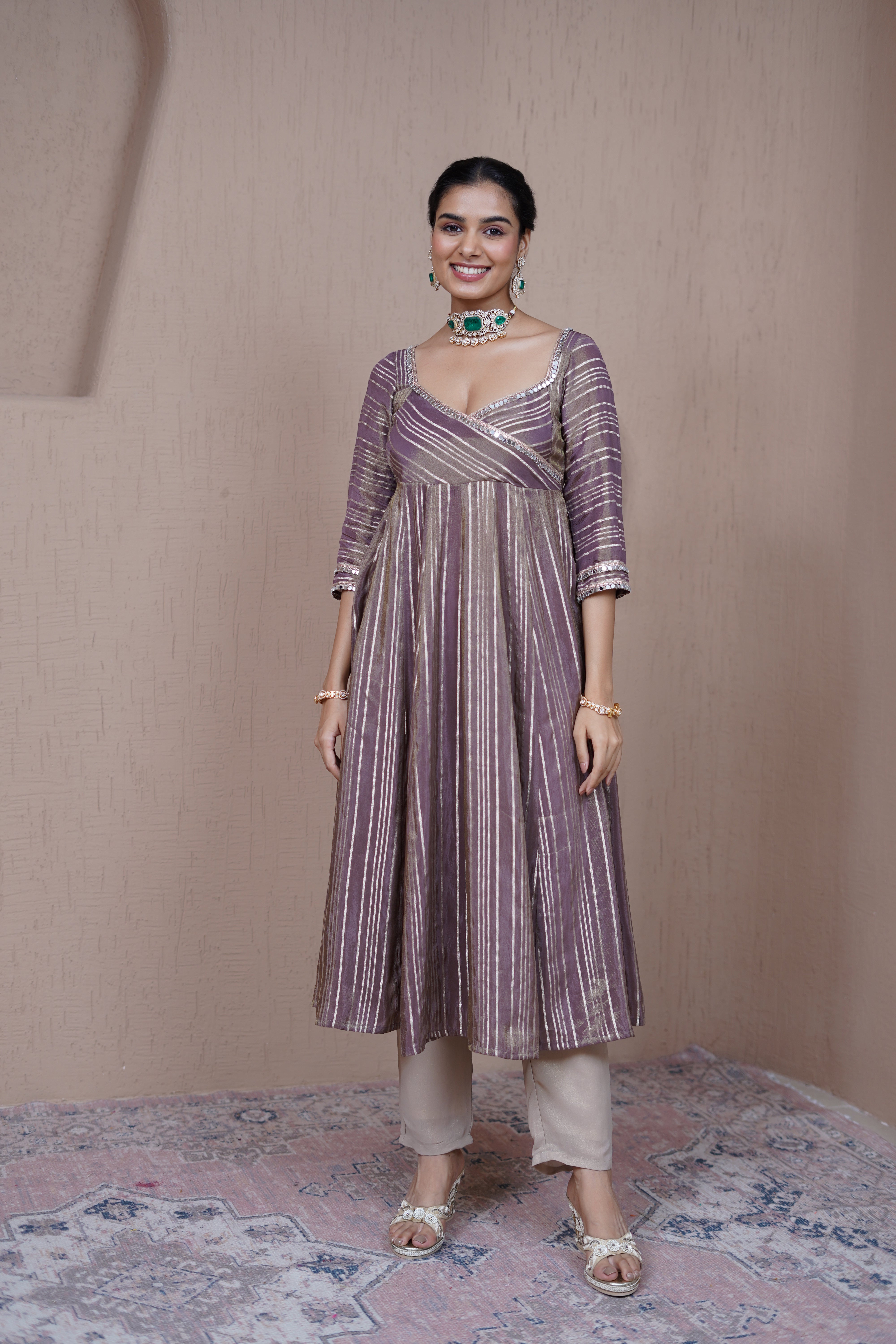 Alaya Resham Bronze Striped Anarkali Set