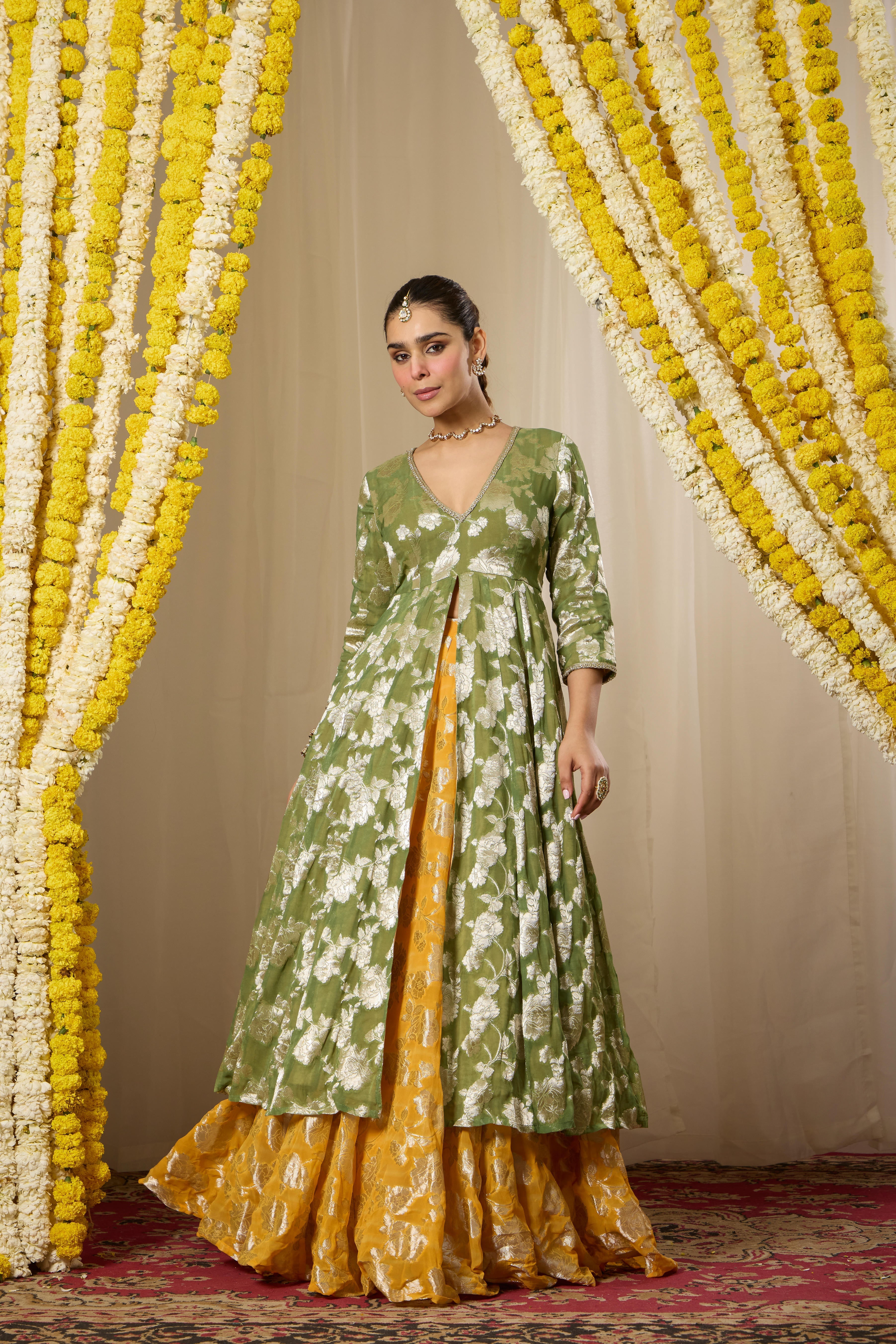 Malang Green Contrast Anarkali Lehenga Set