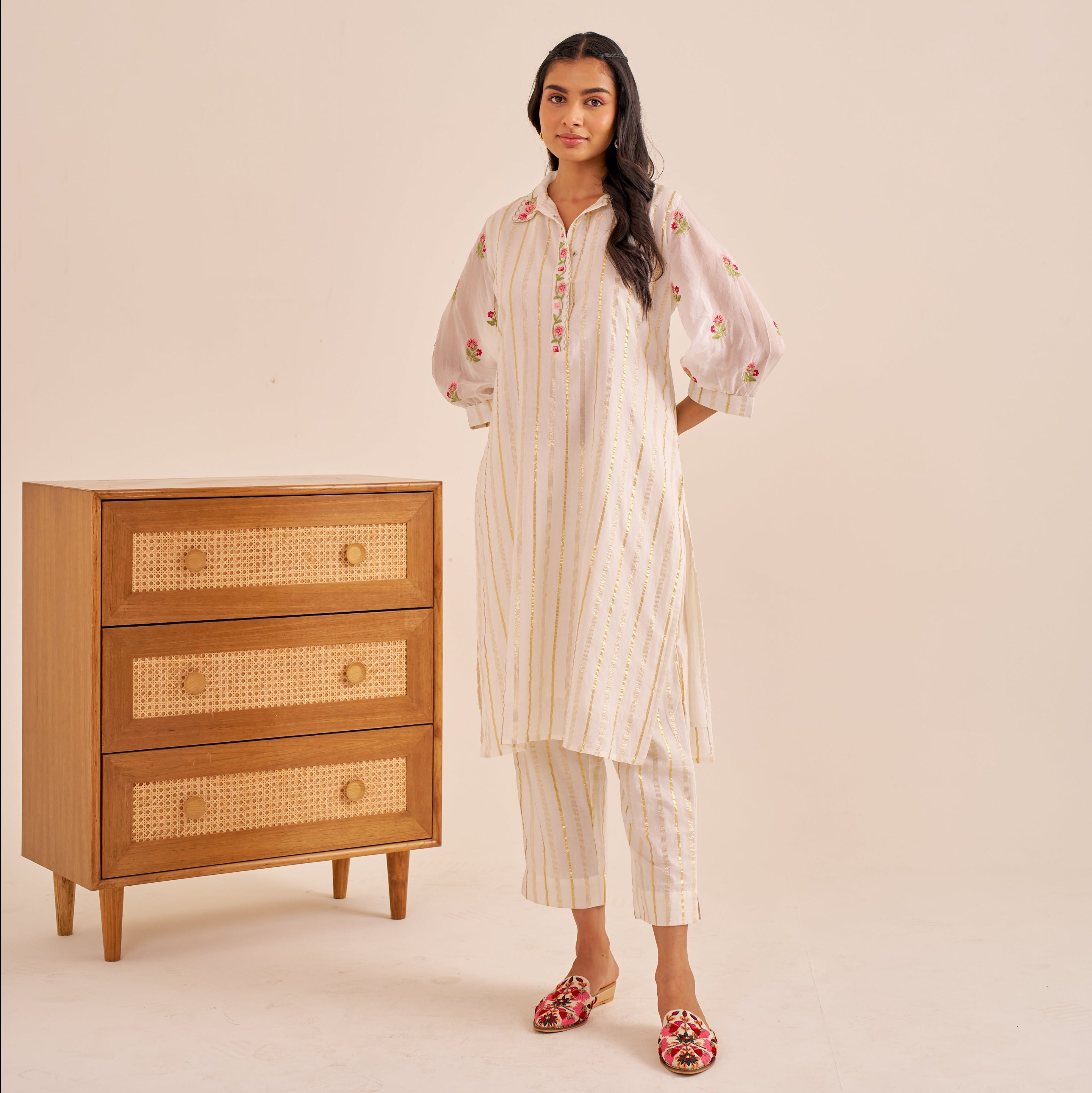 Alaya Meher White Lurex Embroidered Kurta Set