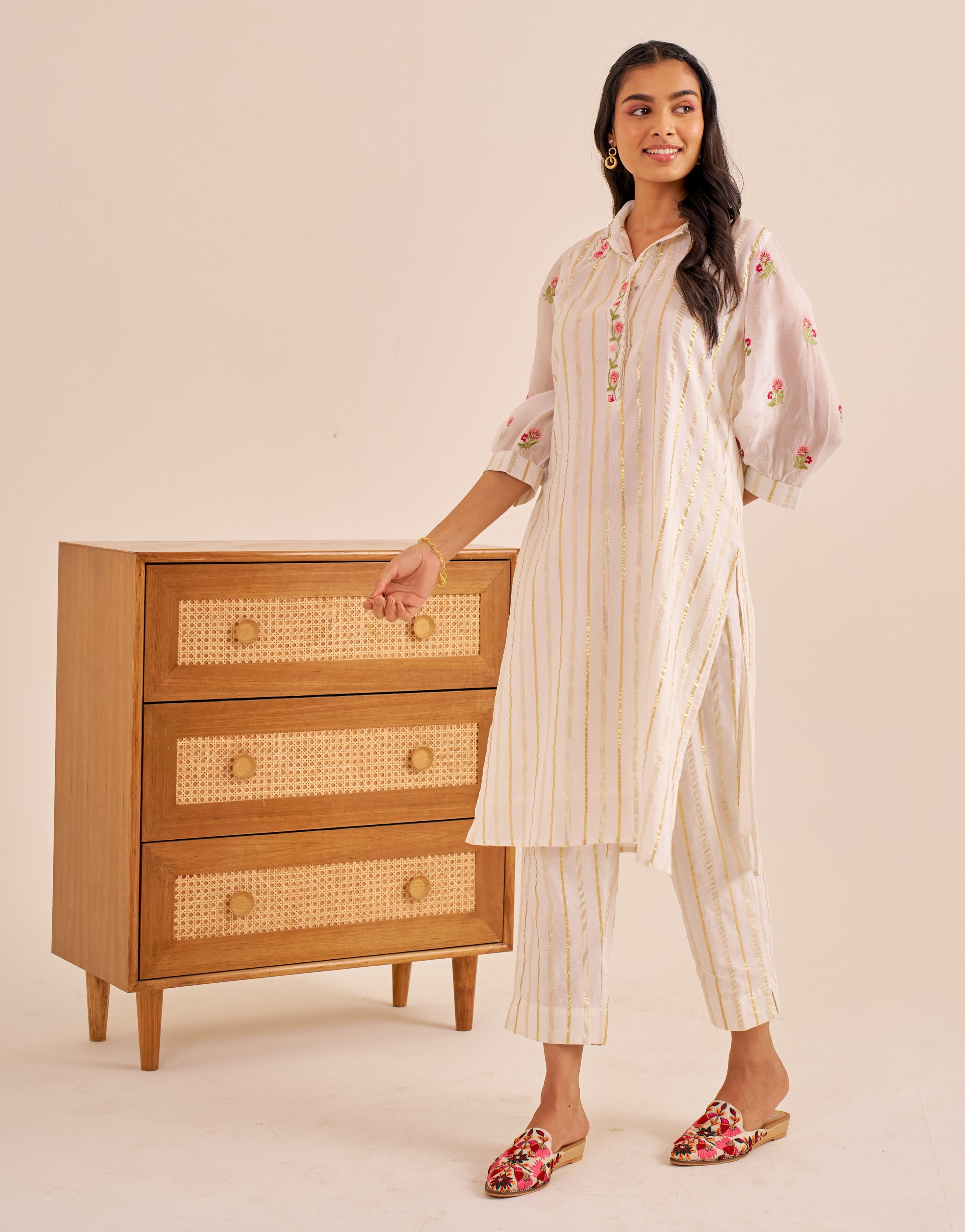 Alaya Meher White Lurex Embroidered Kurta Set