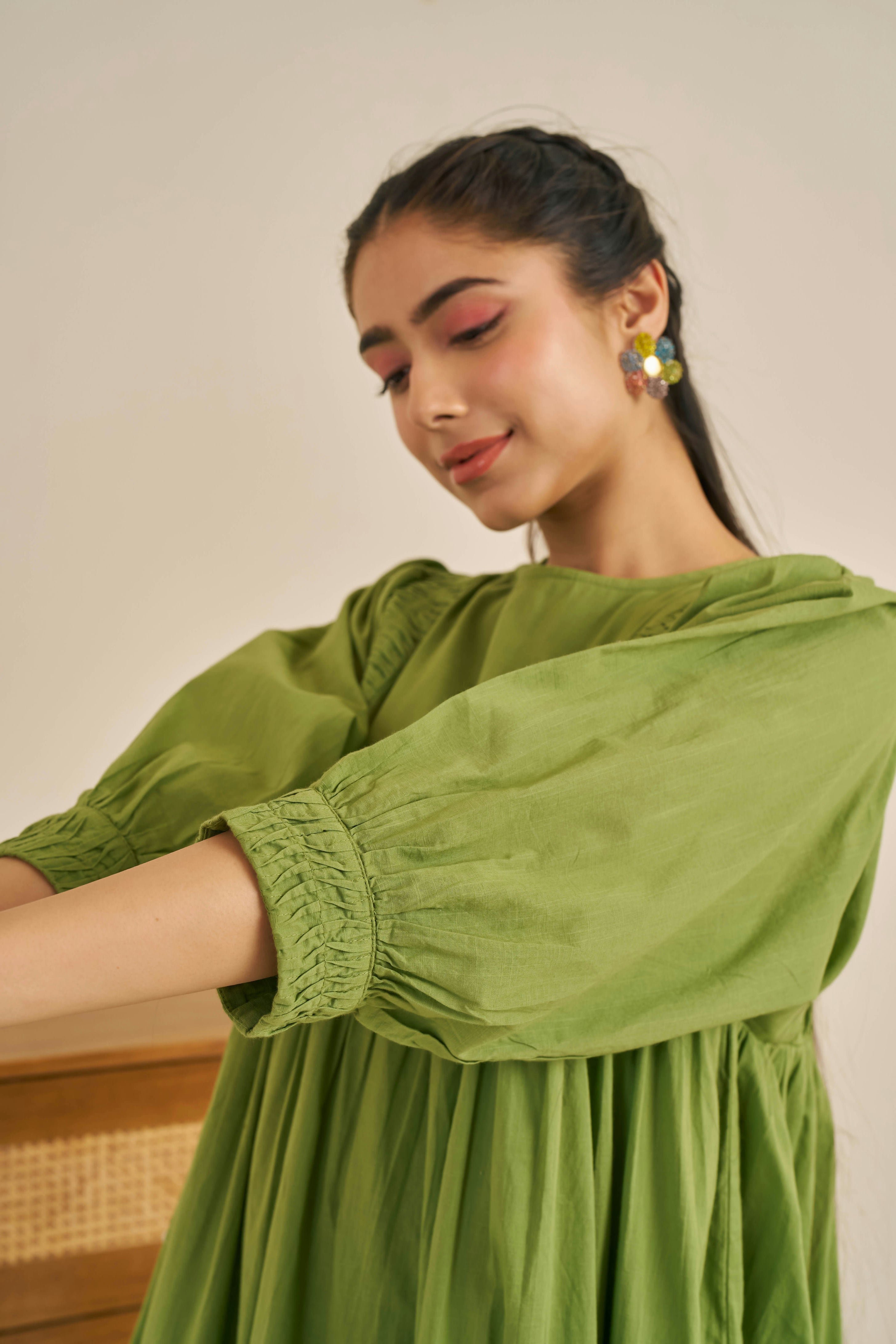 Meher Green Pleated Midi Dress