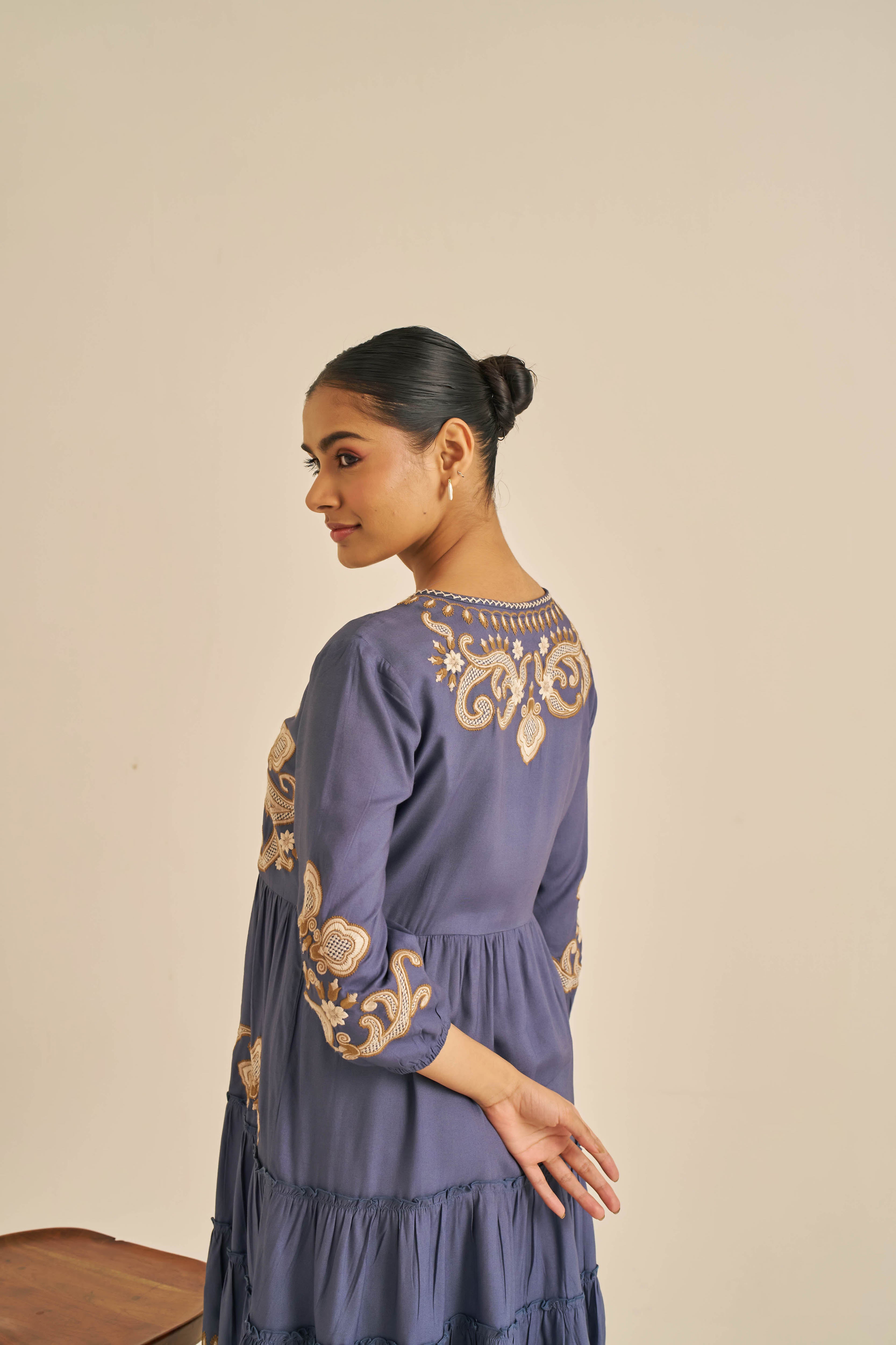 Meher Navy Embroidered Tiered Summer Dress