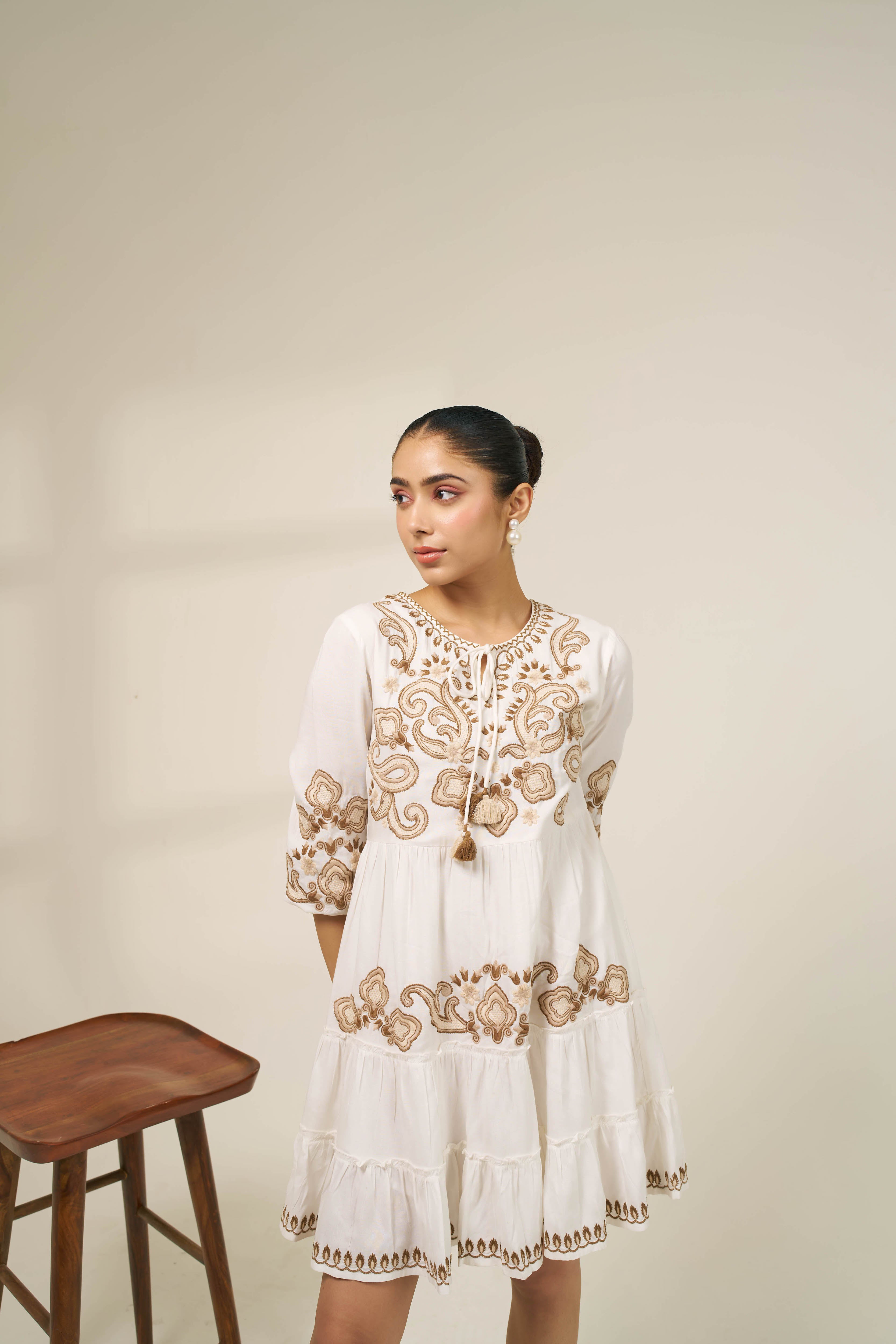 Meher White Embroidered Tiered Summer Dress