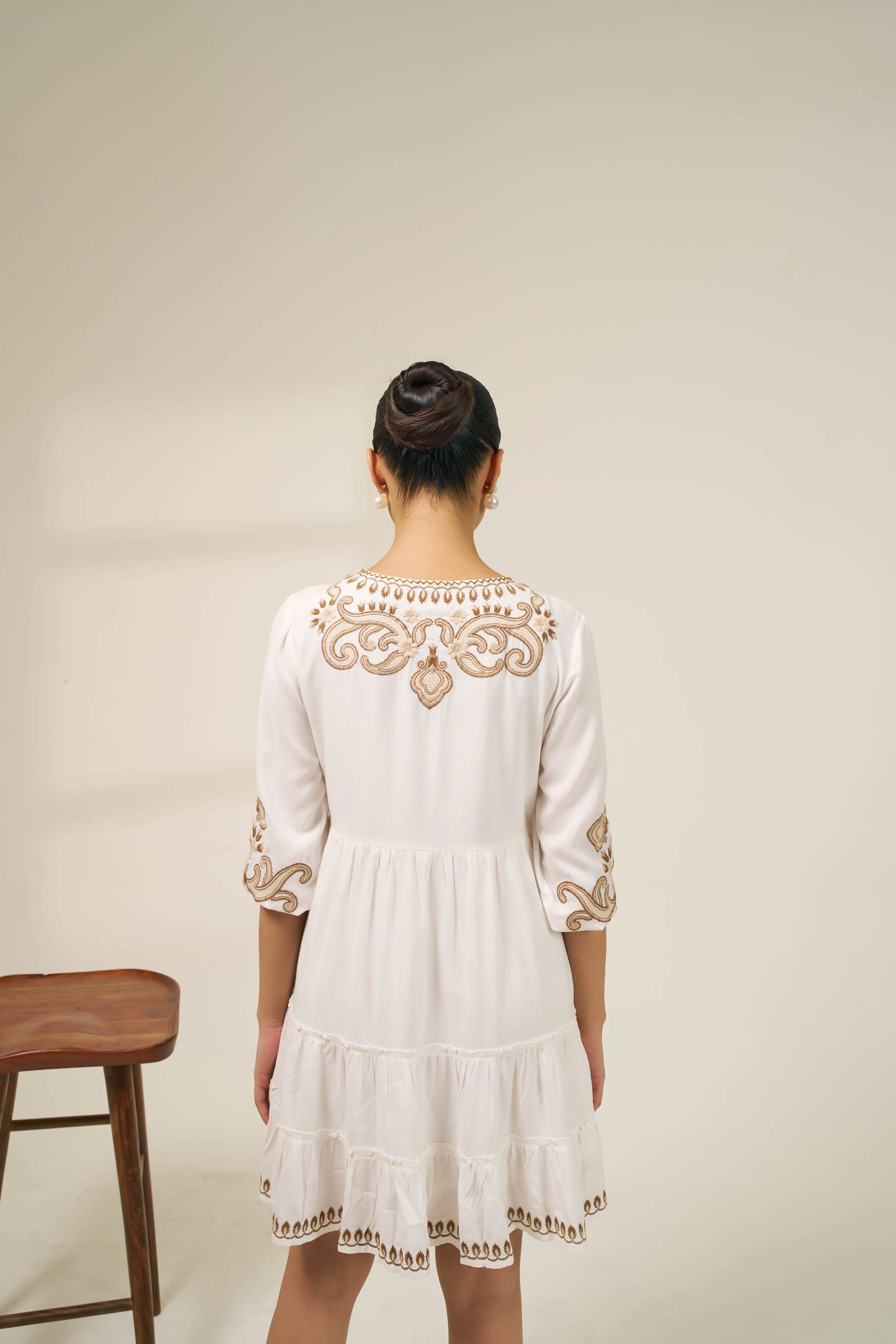 Meher White Embroidered Tiered Summer Dress