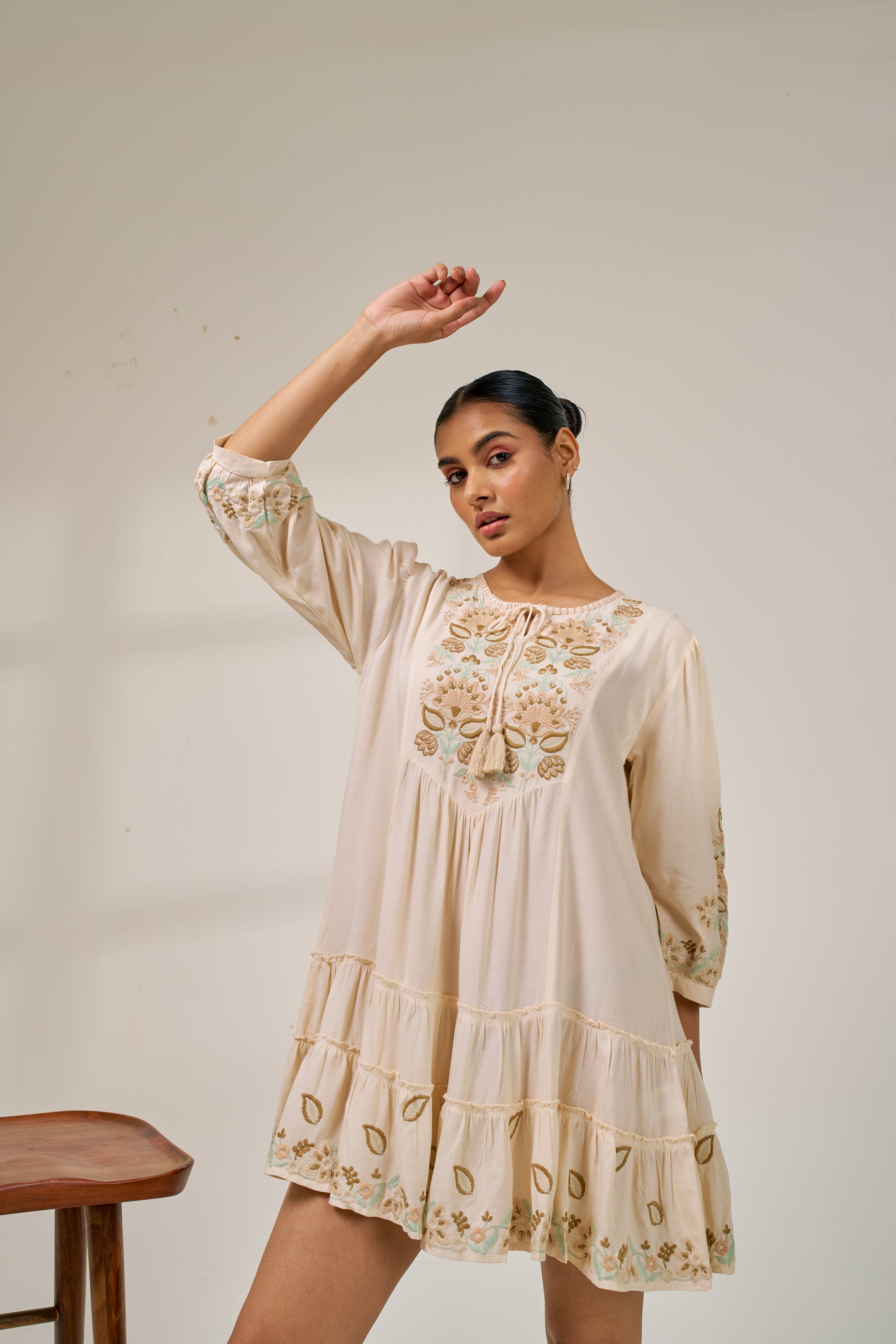 Alaya Meher Beige Bloom Embroidered Dress