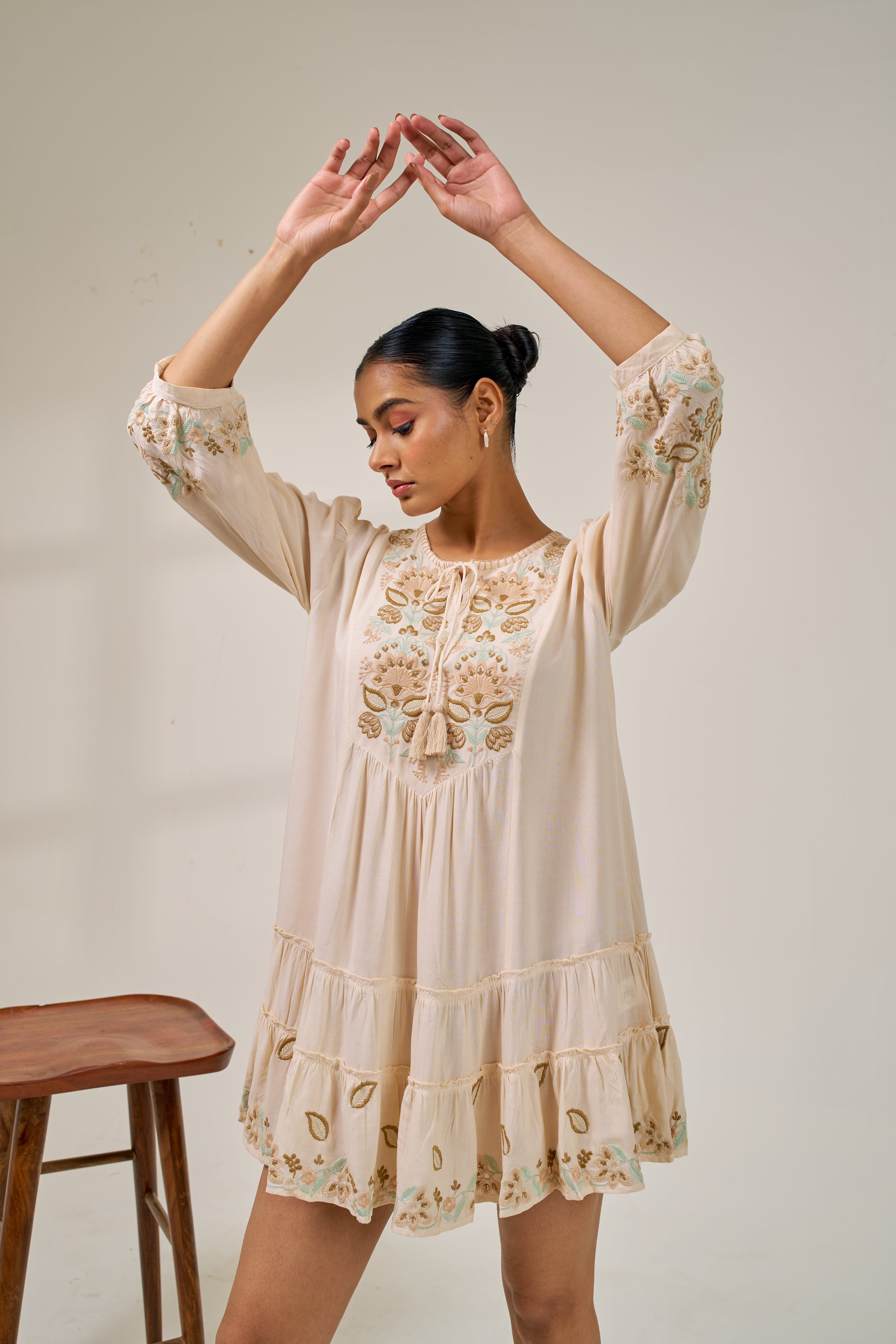 Alaya Meher Beige Bloom Embroidered Dress