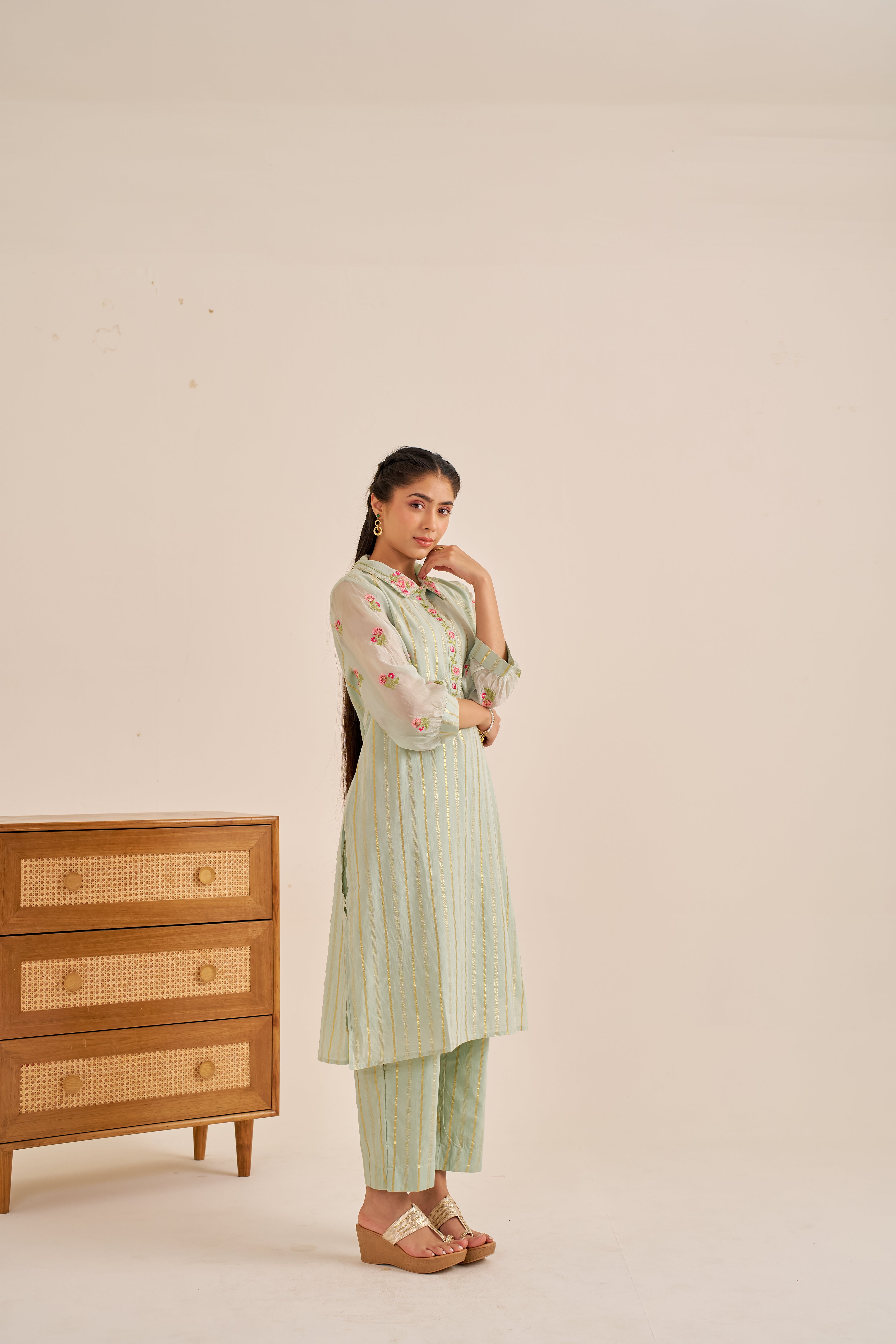 Alaya Meher Green Embroidered Lurex Kurta Set