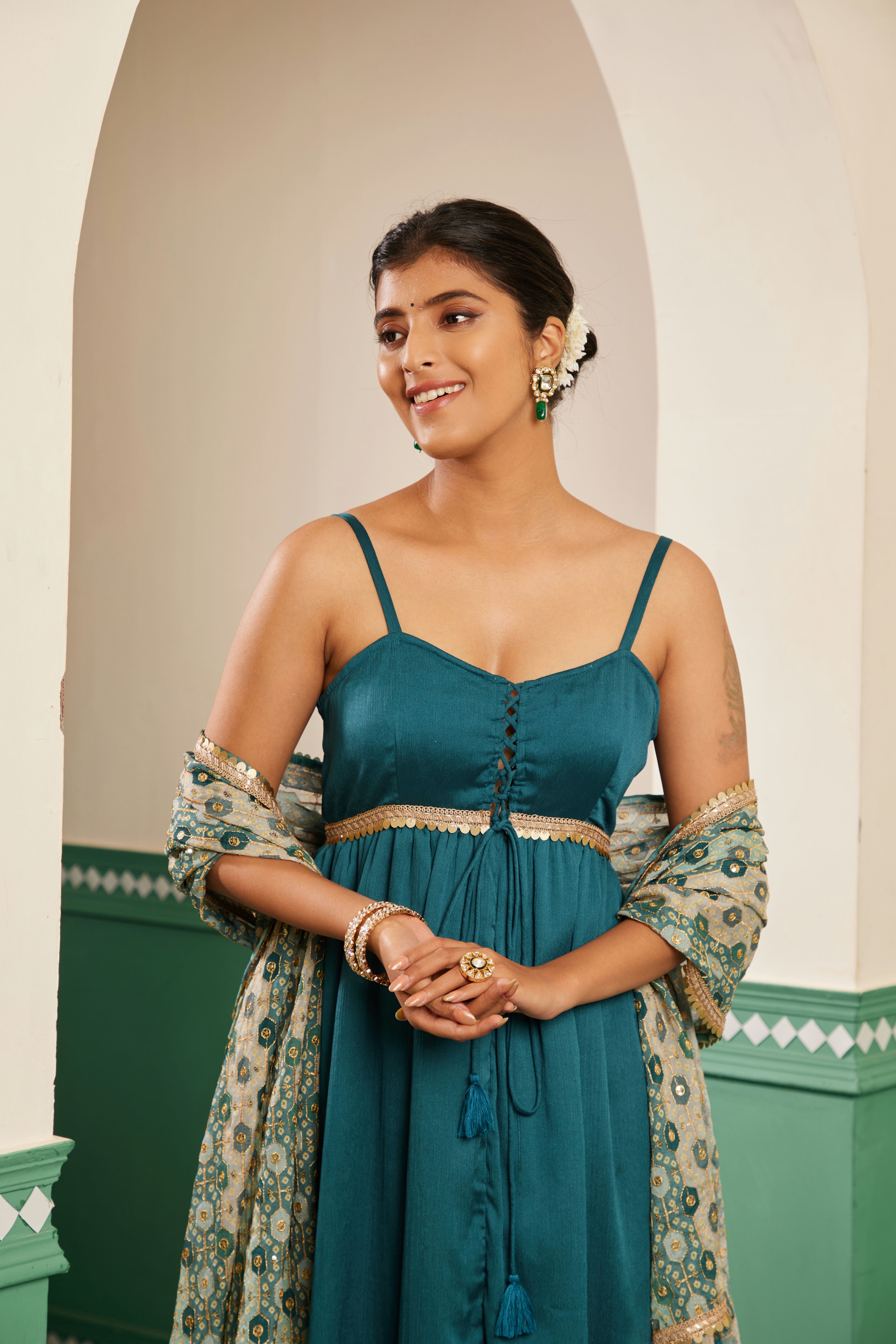 Sajda Teal Tie Up Anarkali Dress