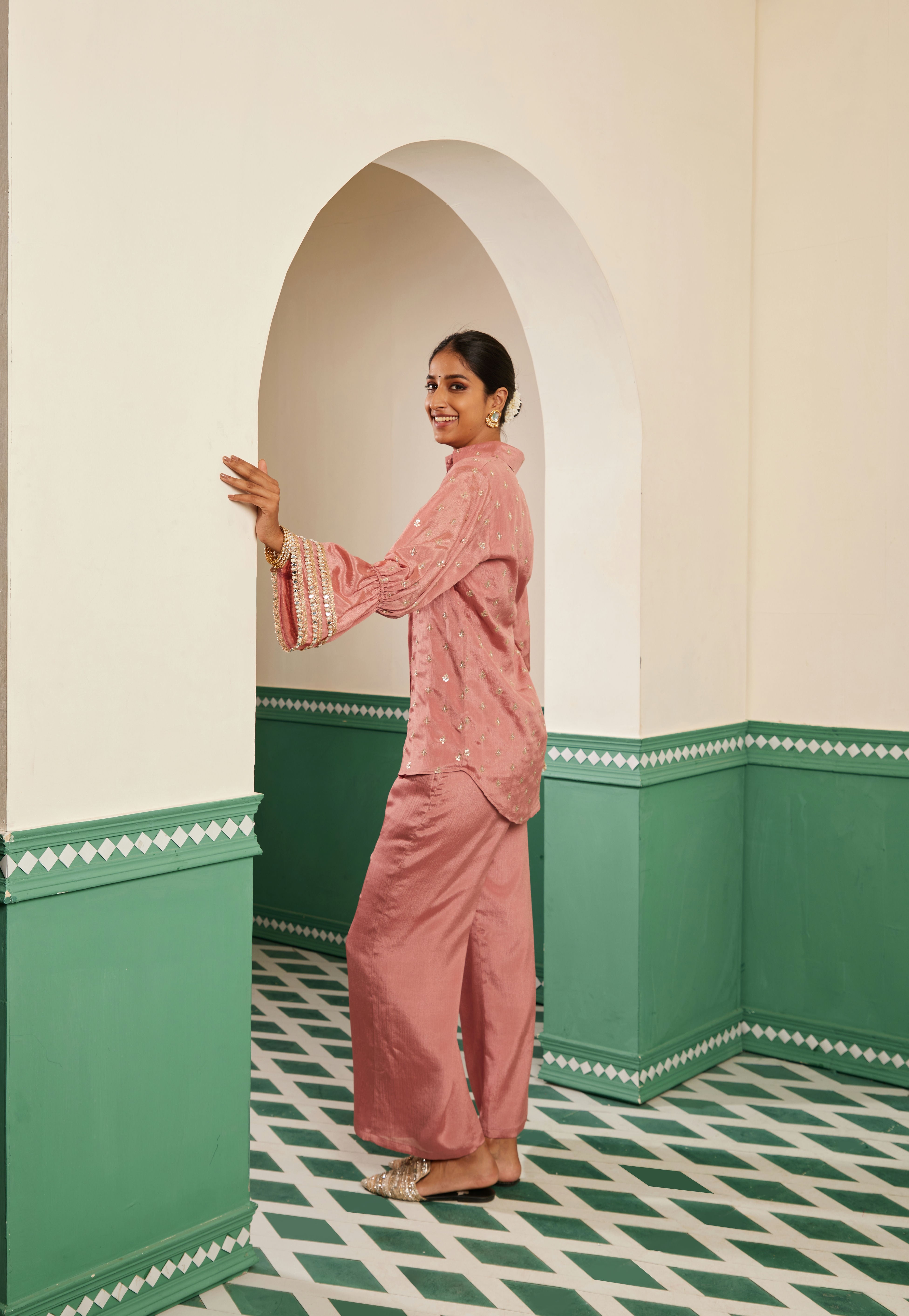 Sajda Onion Pink Embroidered Shirt Set