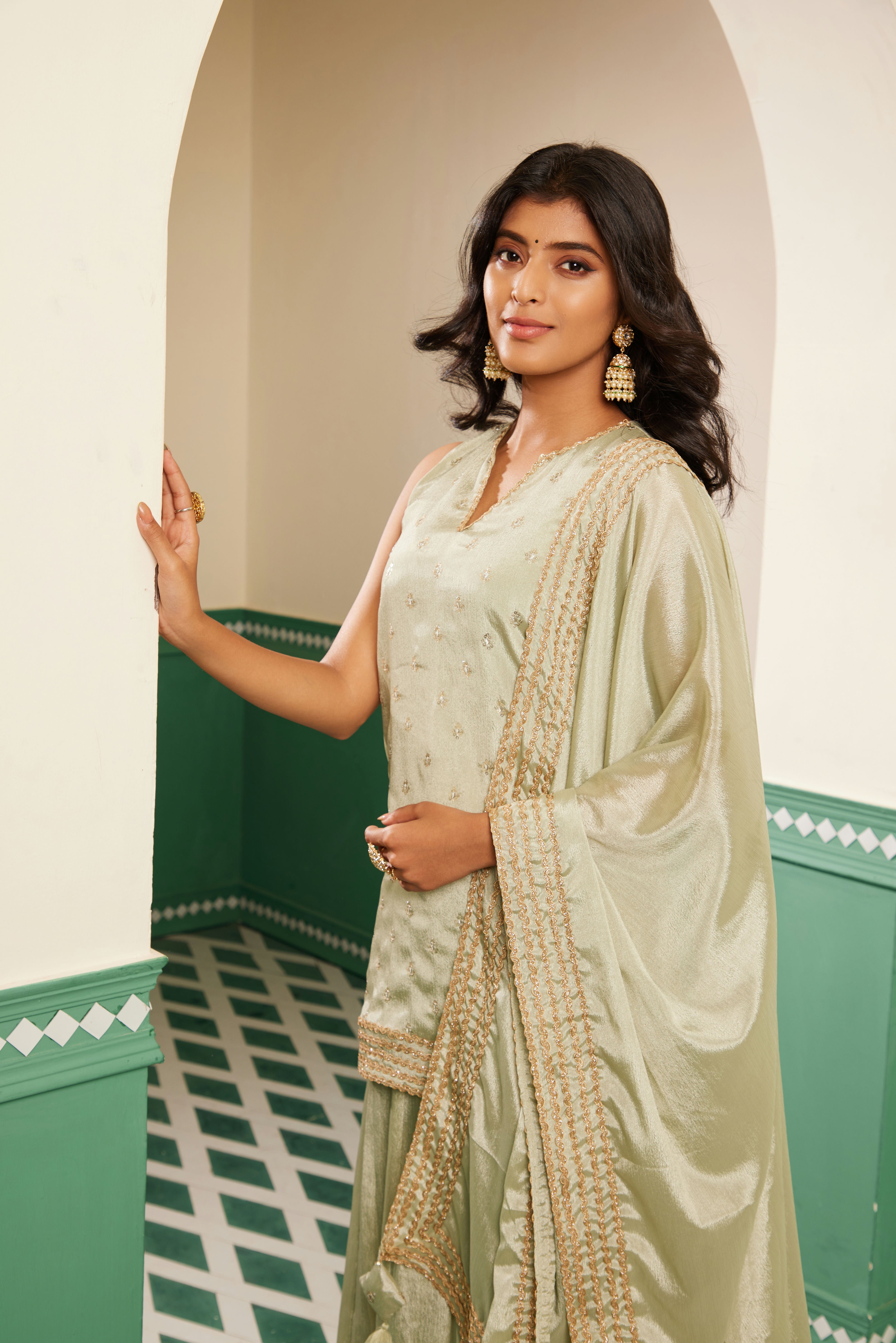 Sajda Sage Green Embroidered Dupatta