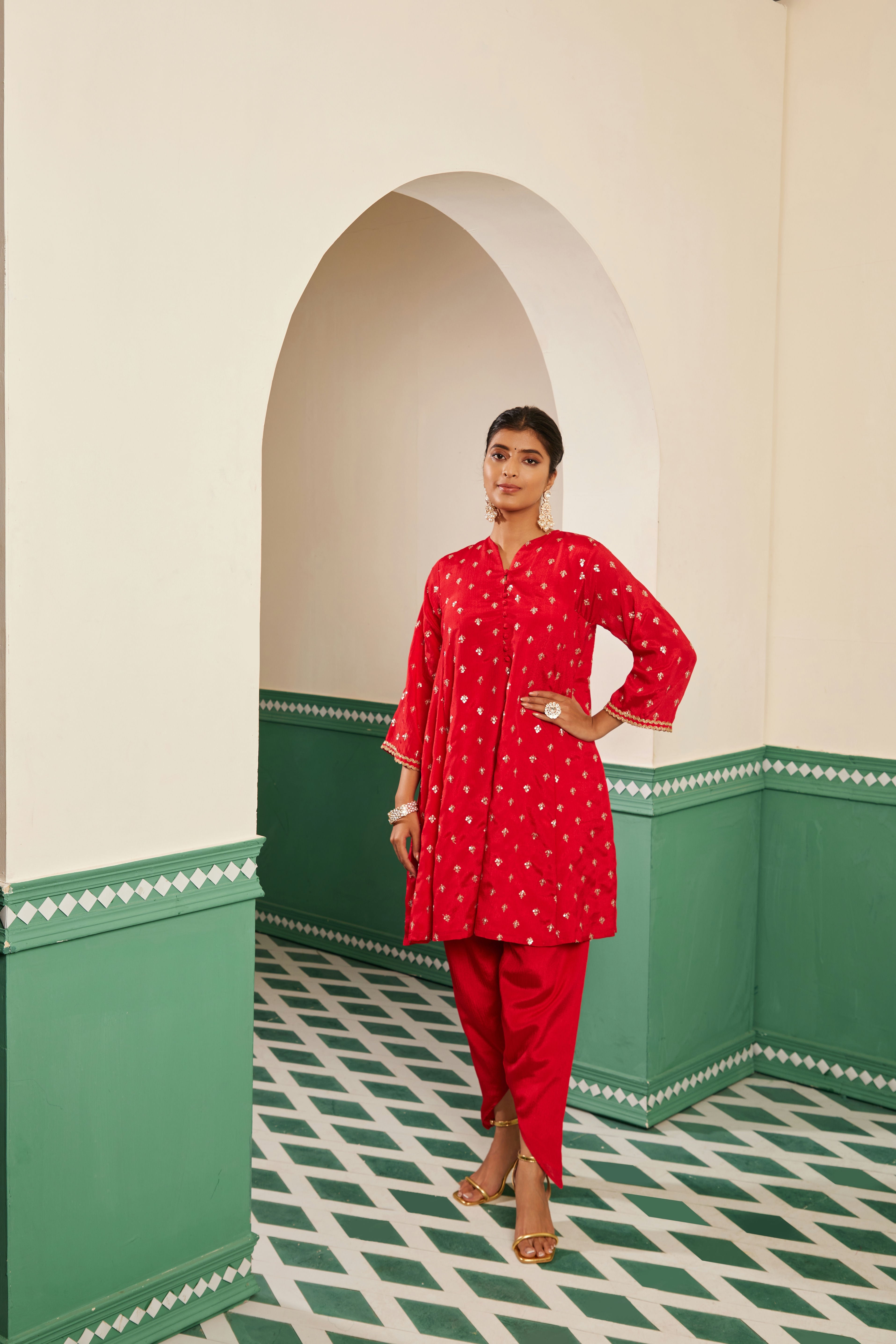 Sajda Red Embroidered Flared Kurta