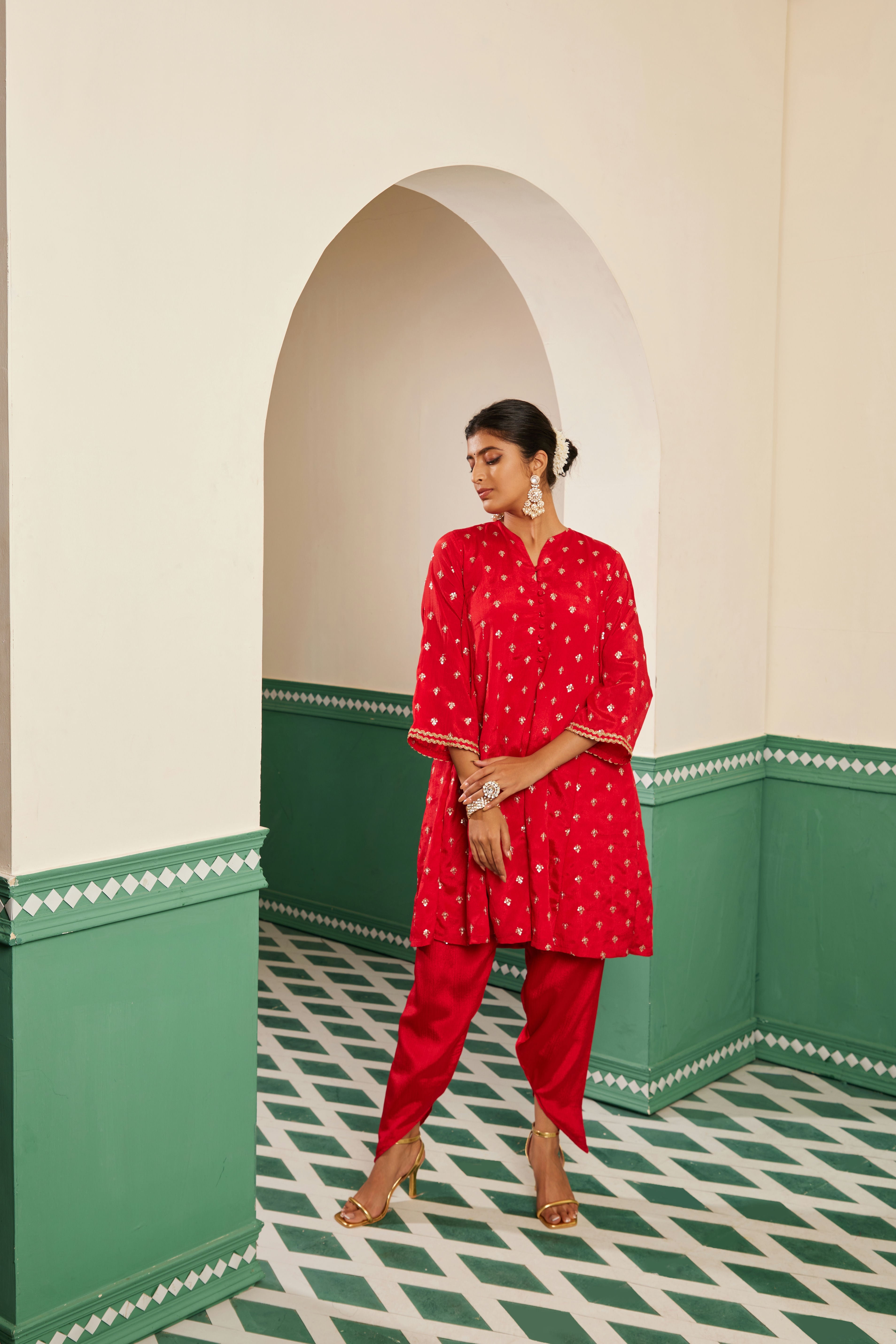 Sajda Red Embroidered Flared Kurta