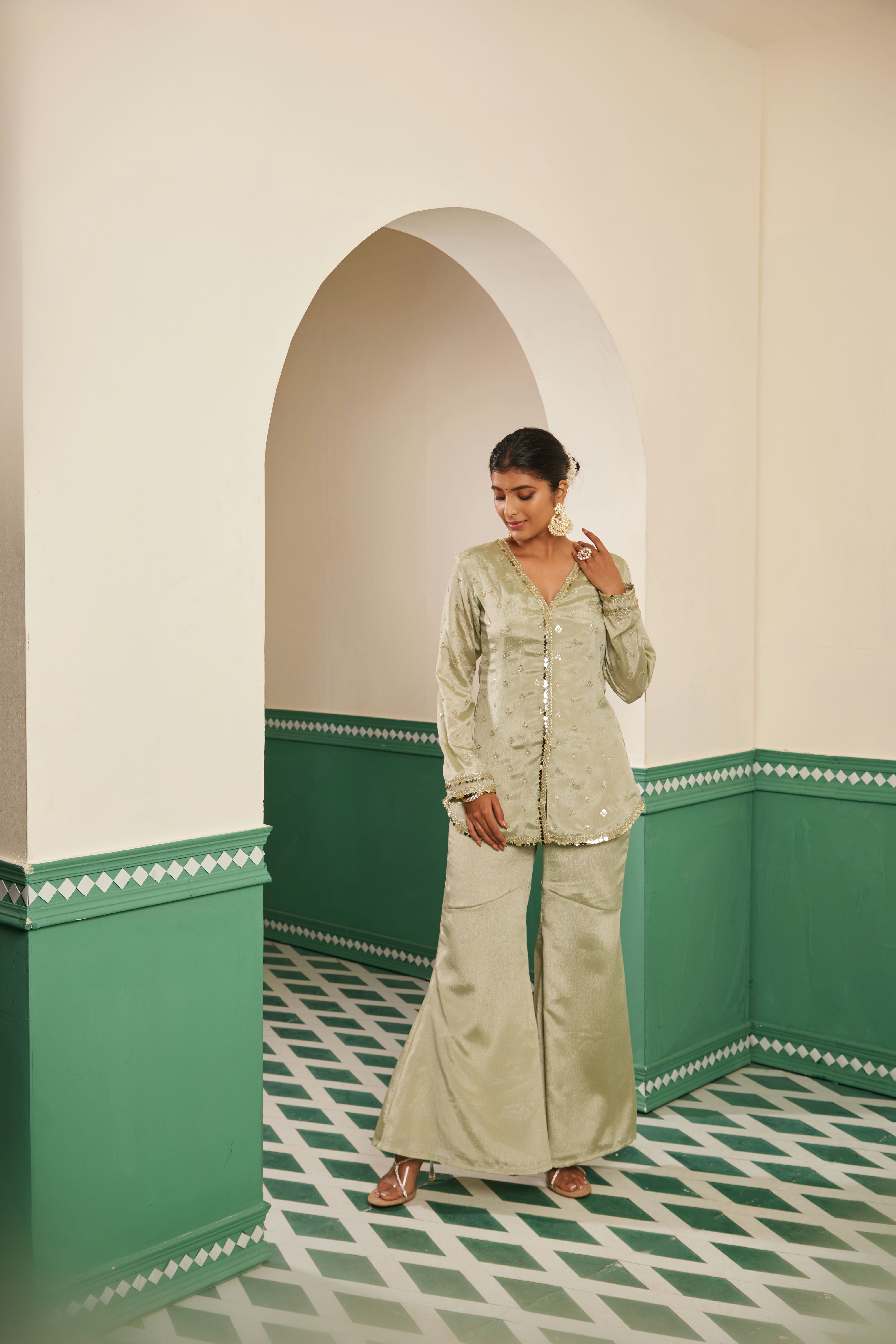 Sajda Sage Green Embroidered Jacket kurta