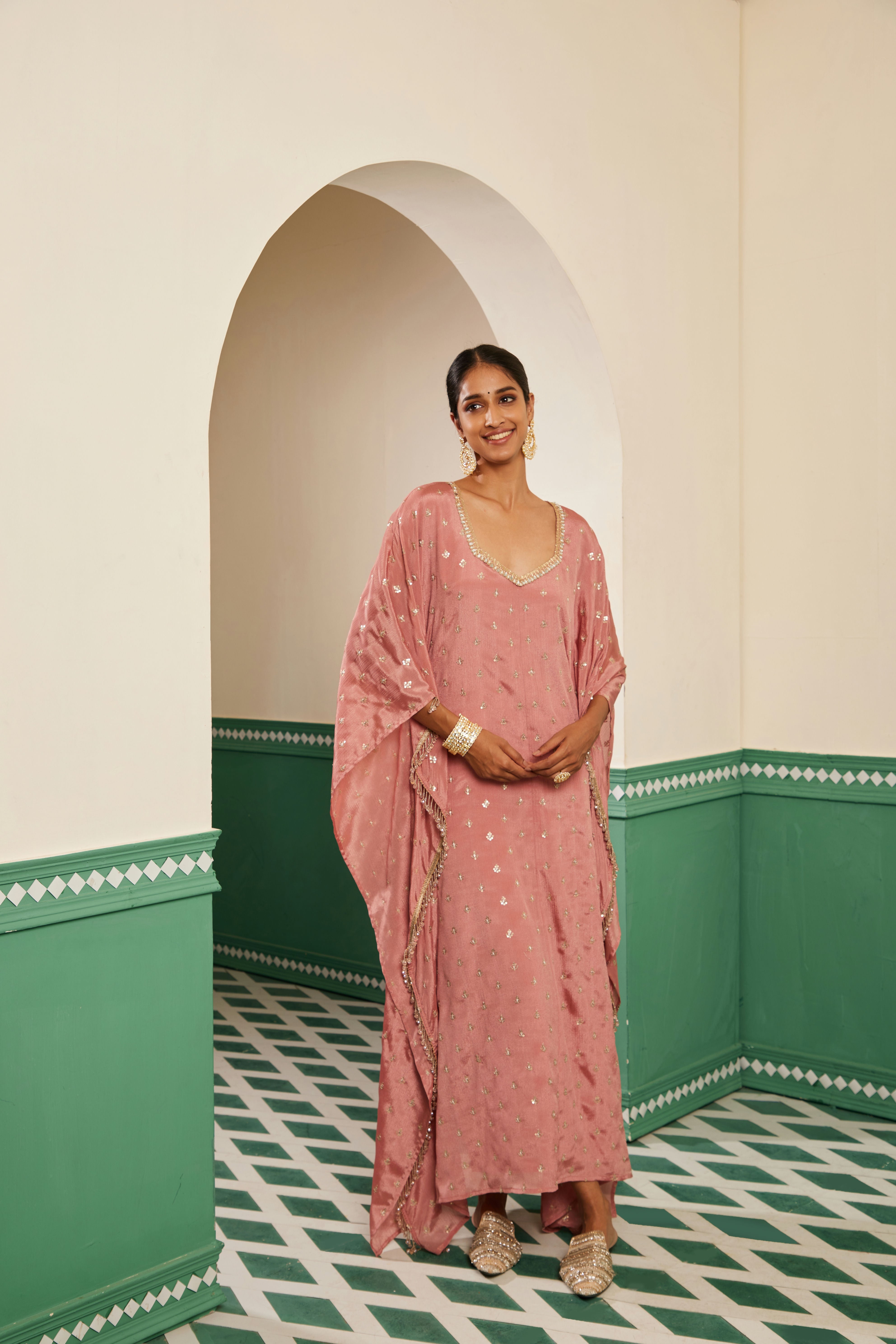 Sajda Onion Pink Embroidered Kaftan