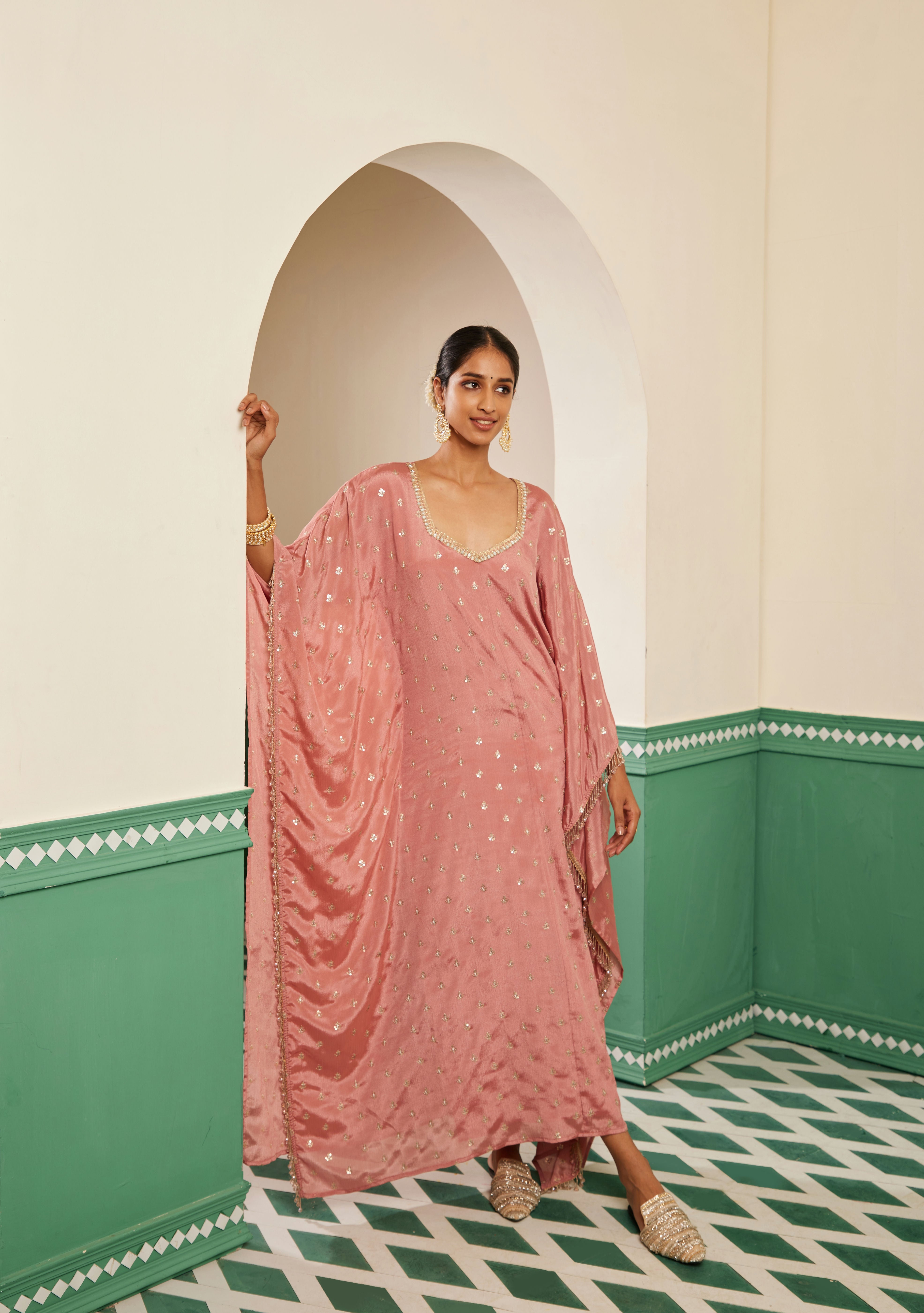 Sajda Onion Pink Embroidered Kaftan