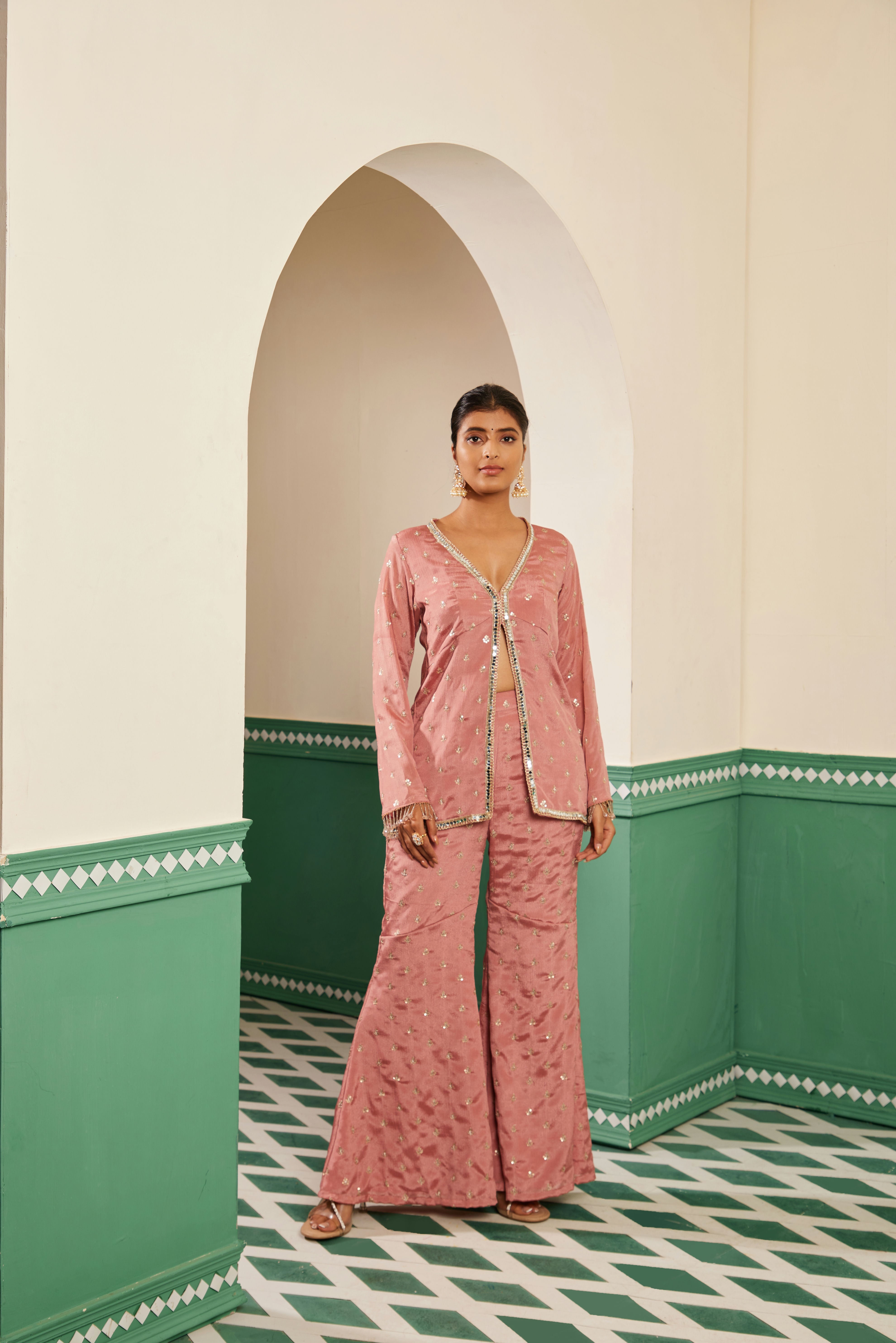 Sajda Onion Pink Embroidered Jacket Kurta Set