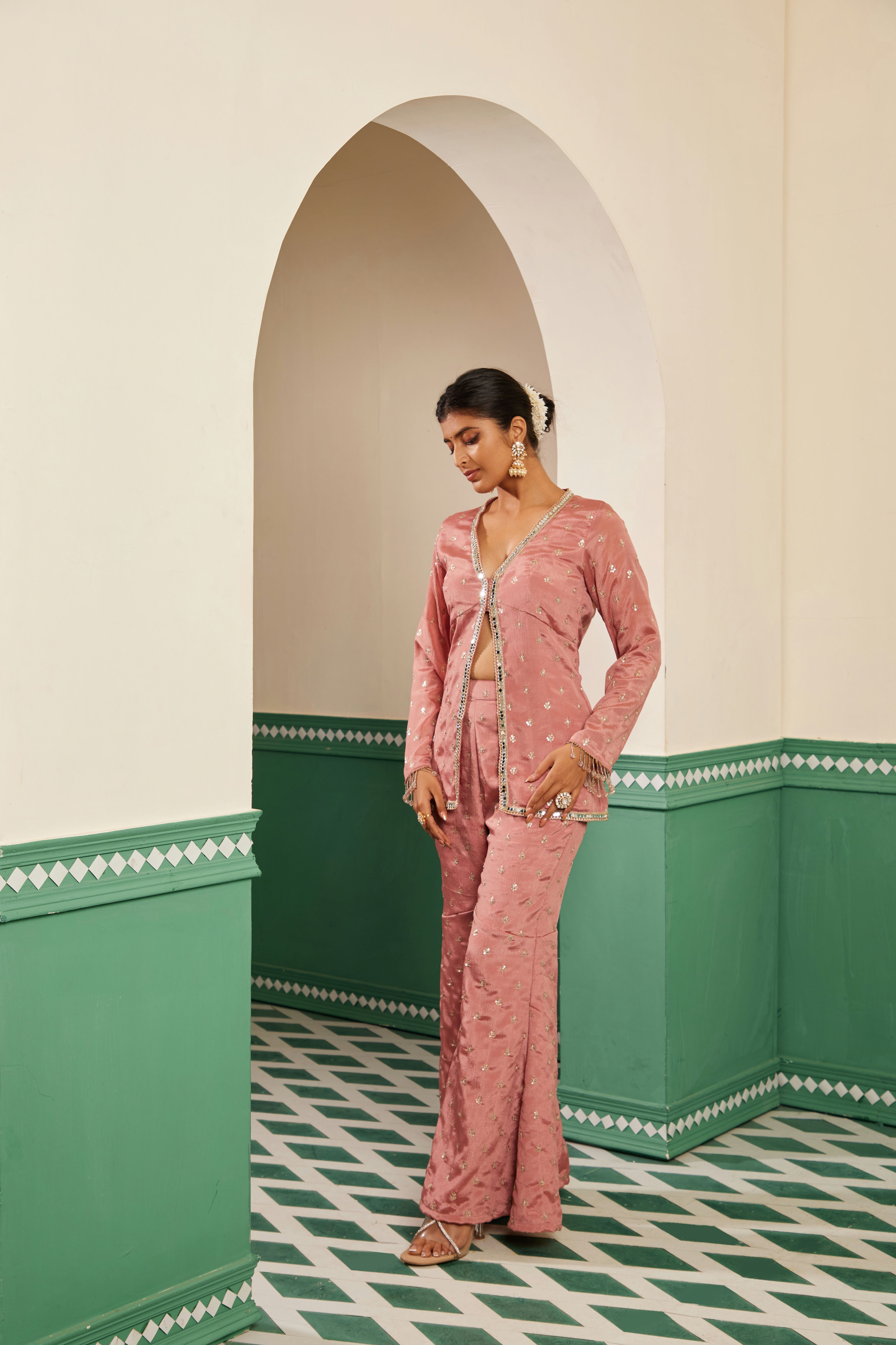 Sajda Onion Pink Embroidered Flared Gharara